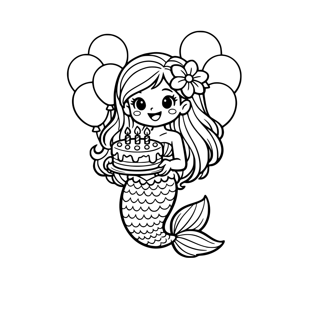 Cute Mermaid holding a birthday cake and balloons at the back. The mermaid has a flower in her ling hair