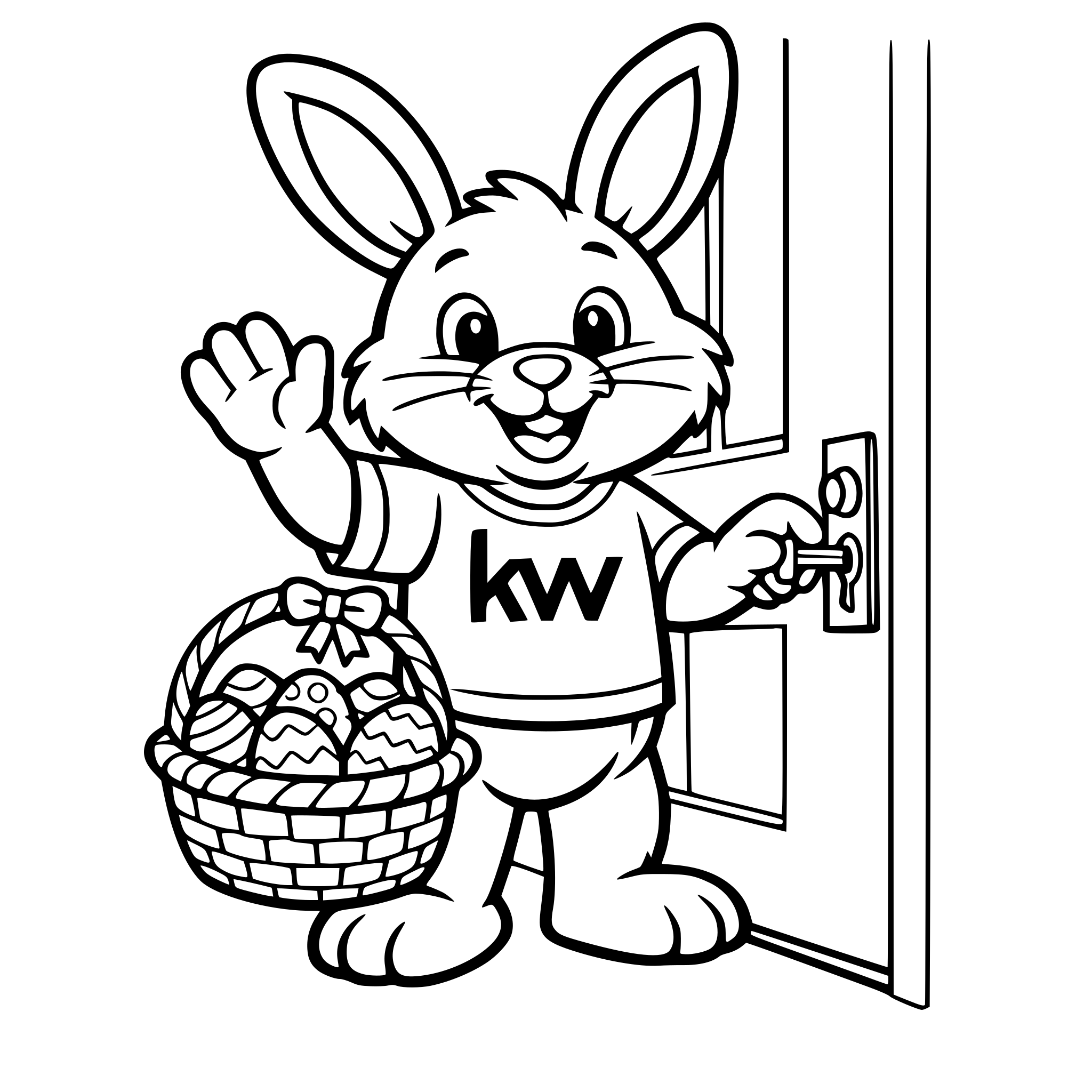 An easter bunny wearing a KW shirt waving goodbye unlocking a house door and holding an easter basket filled with eggs in the other hand