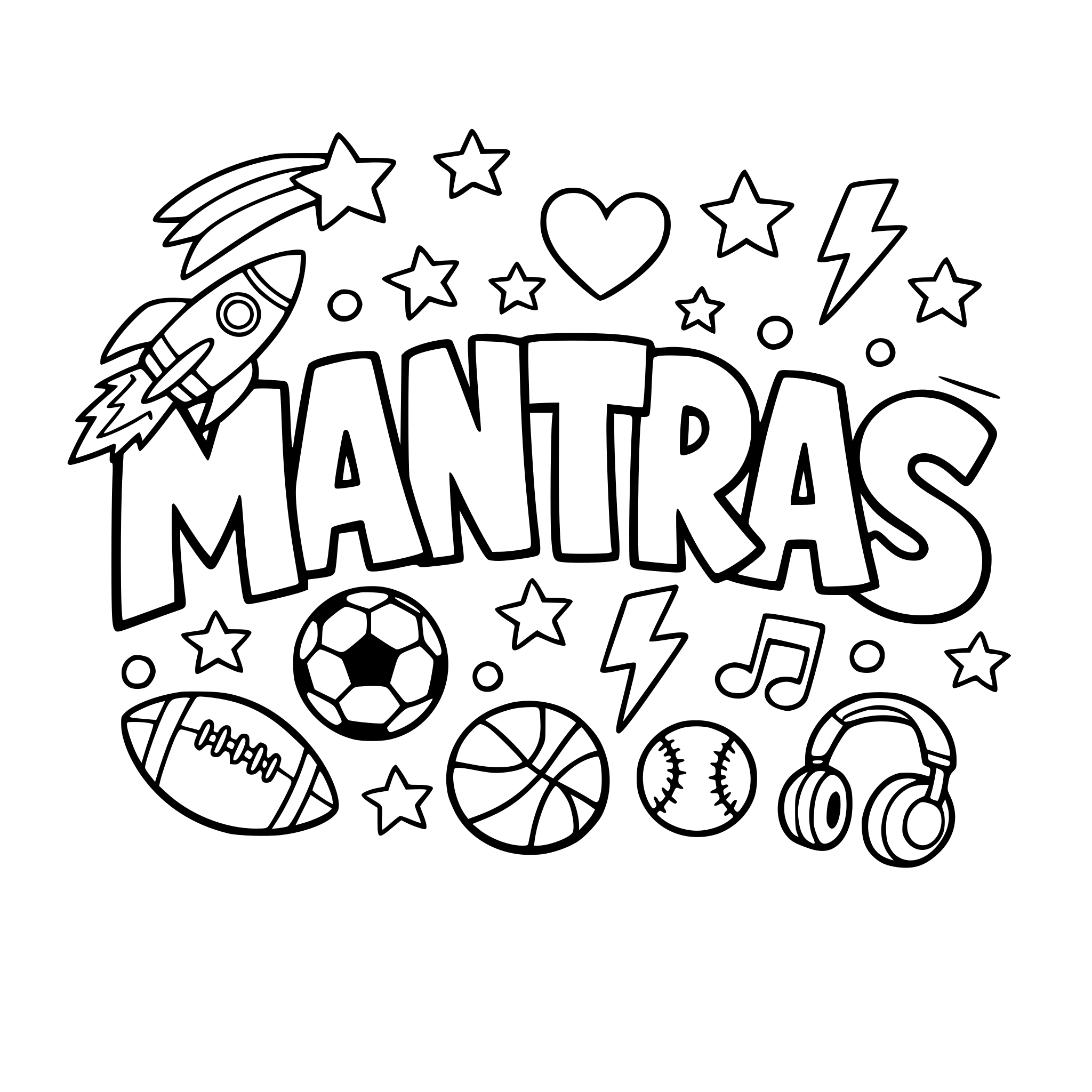 "Mantras" coloring letters with items like rockets, hearts, stars, sports balls, lightning bolts around the lettering.