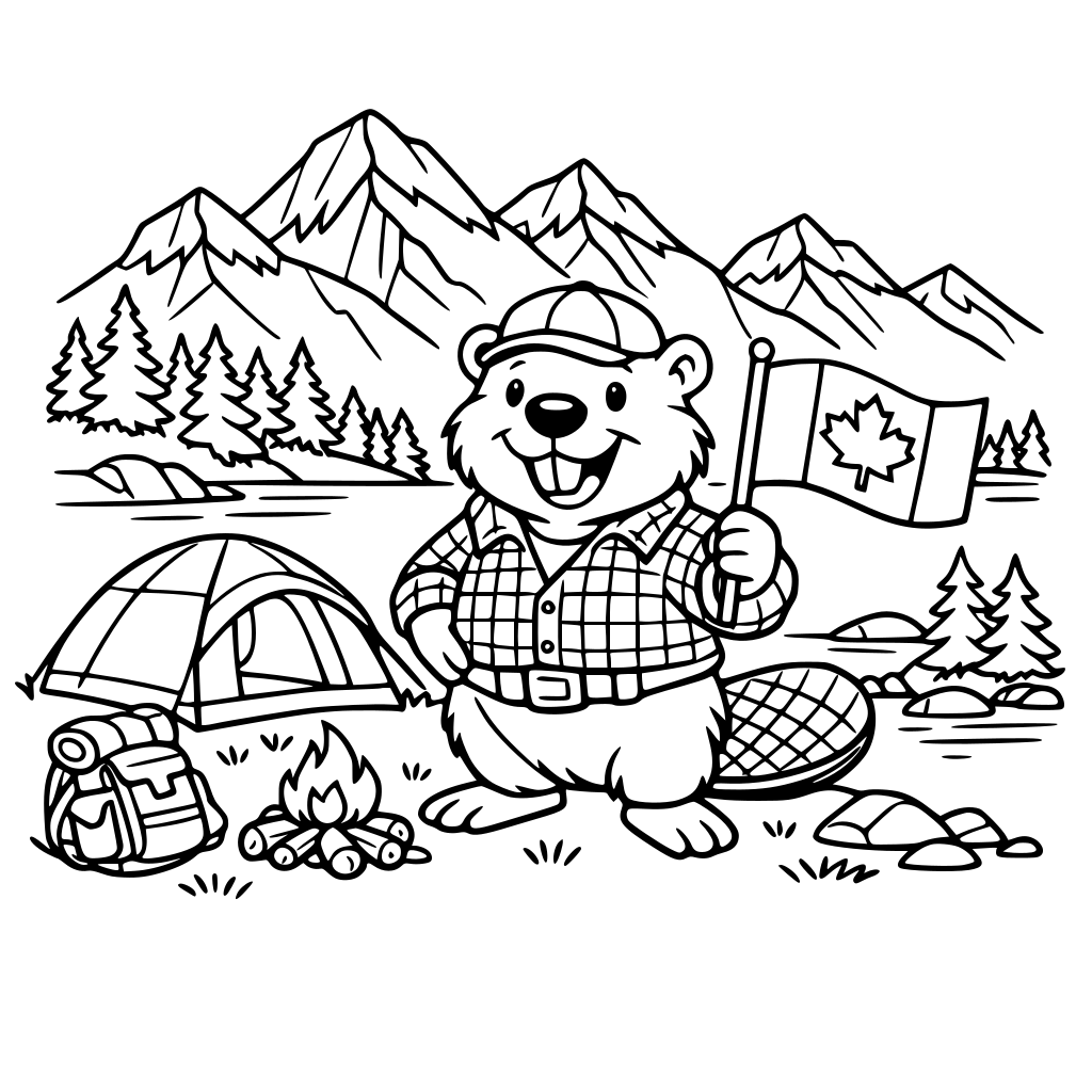 Family beaver Dad holding a canadian flag on the back of cnaadian rockies with camping tent and lake on the front
