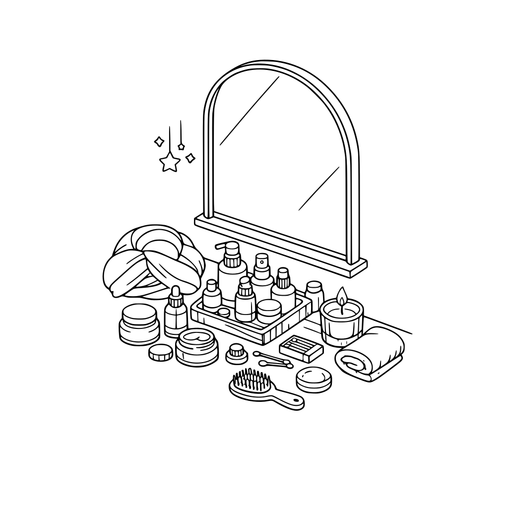 hygge style, cute and cozy, 3d isometric, Bathroom mirror, skincare bottles, hair towel, candle lit on counter. slightly messy, mostly neat. no characters, no animals.