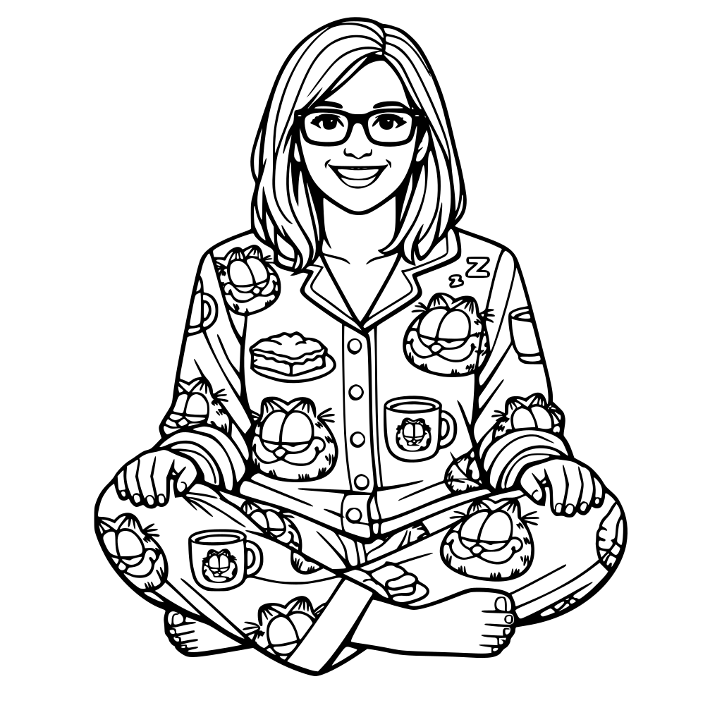 quiero una adulta con el pelo marron la piel de color beis y unas gafas negras que la adulta este con un pijama de color rojo de garfield