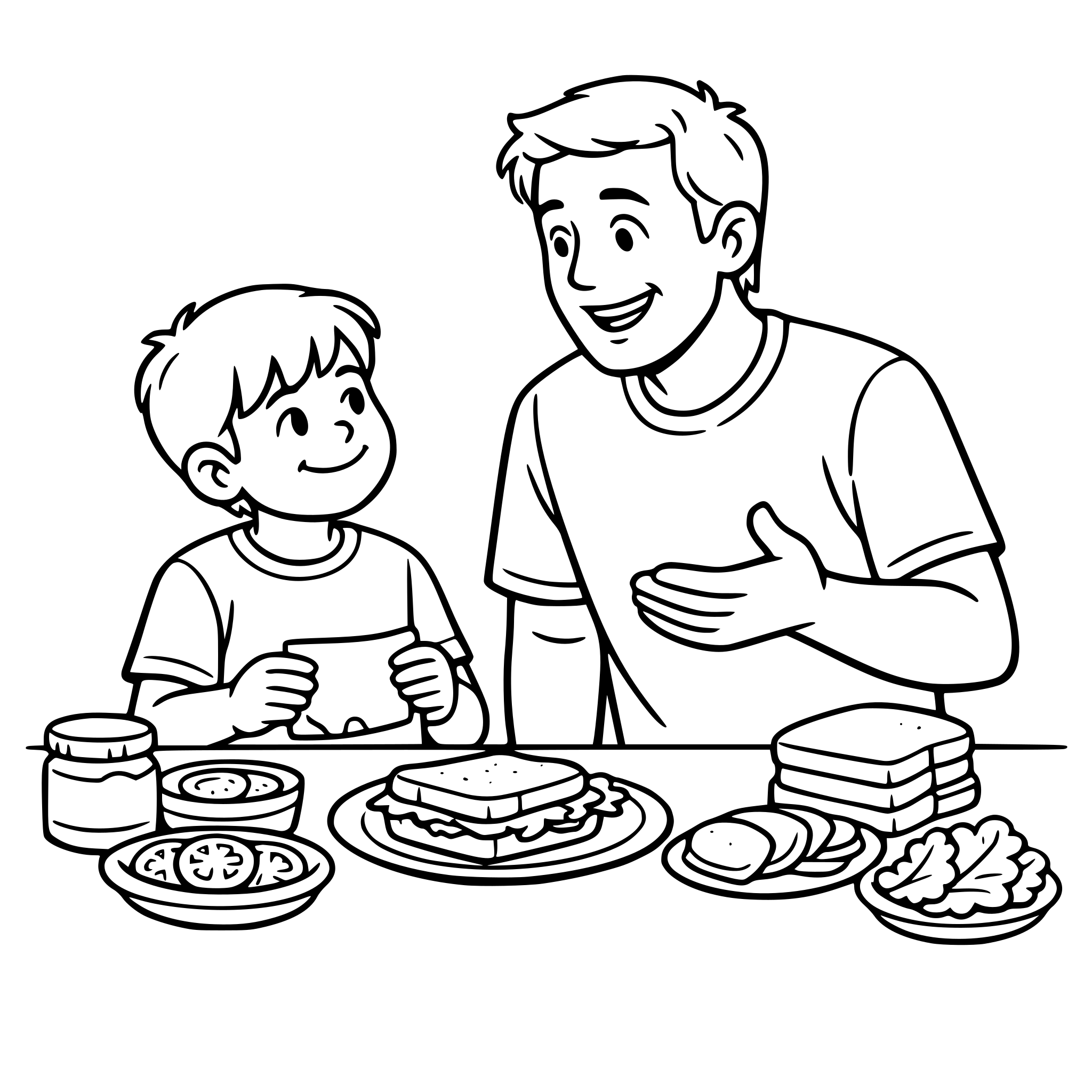 Create an image of a dad asking for his help to make lunch. They are preparing sandwiches. The boy has a closed smile and the dad has a grateful expression. White background, isolated.