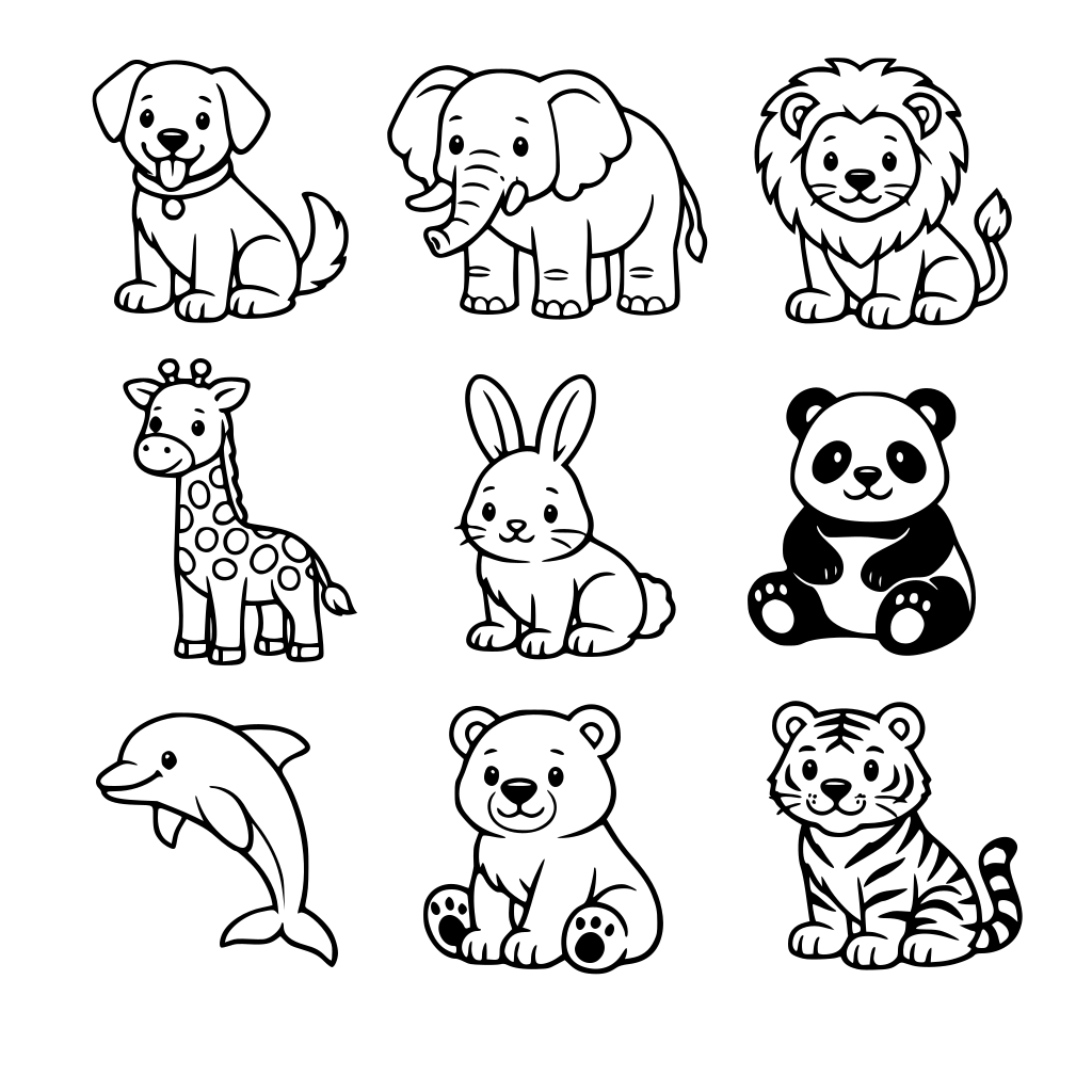 create me separate images of Dog Elephant Lion Giraffe Bunny Panda Dolphin Bear Tiger