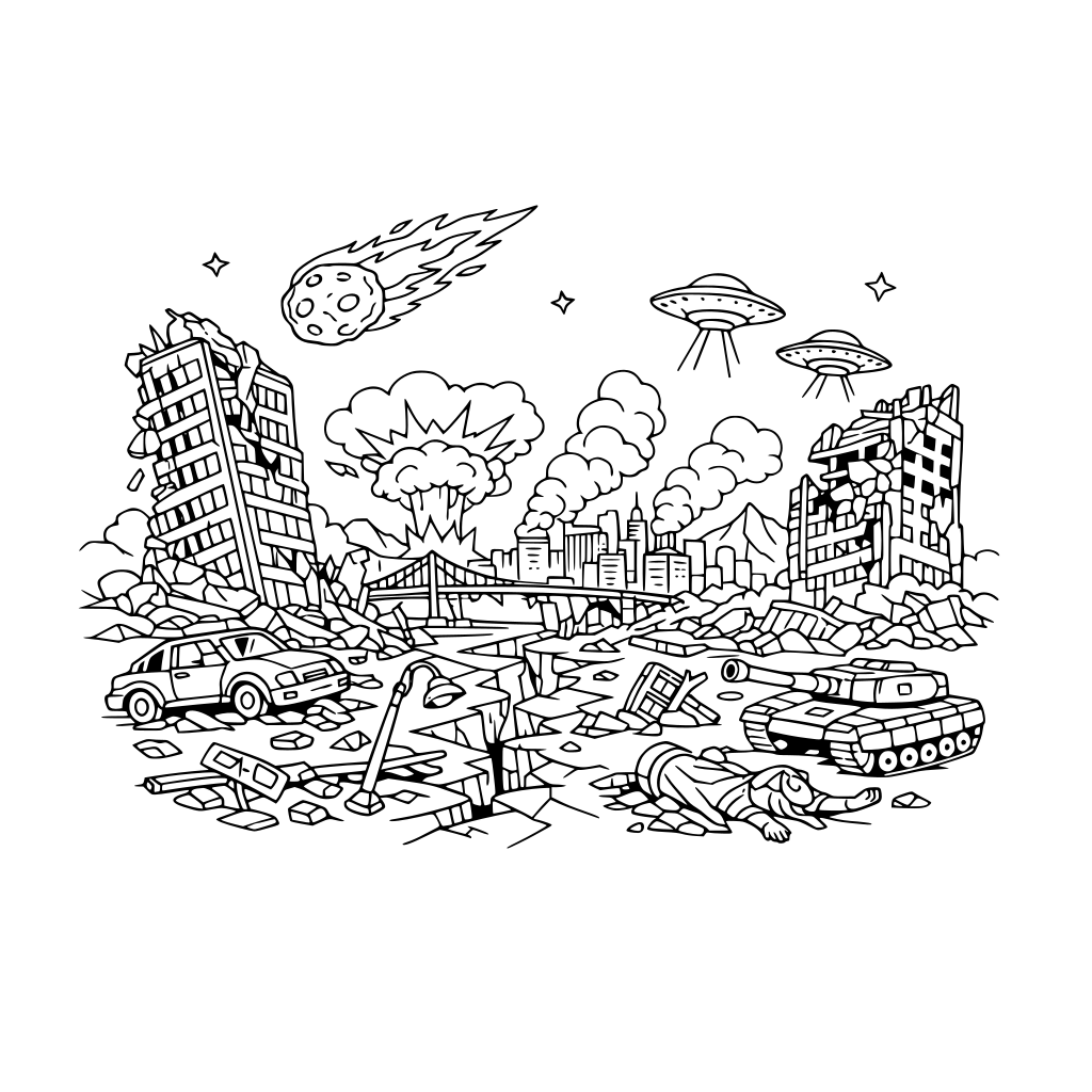 por favor dibuja un mundo épico de destrucción de una ciudad