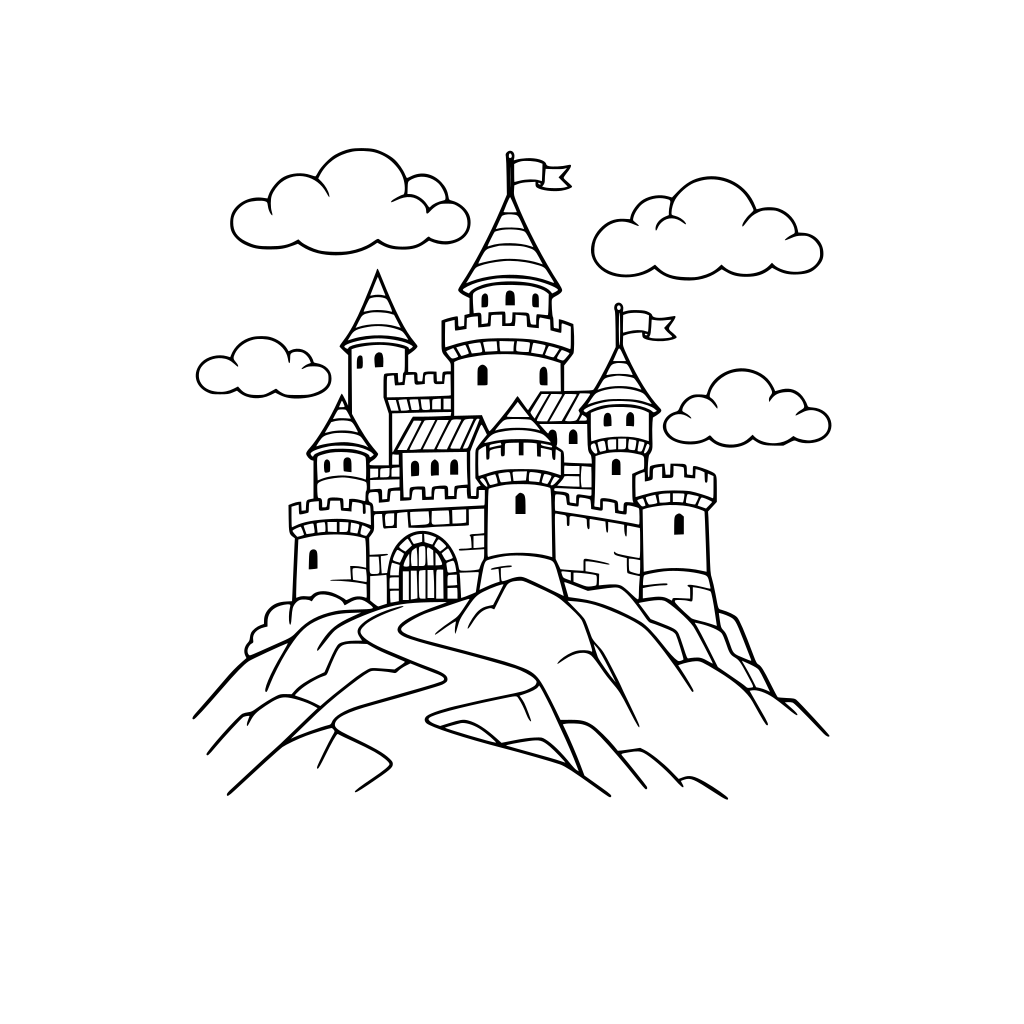 Eine Burg auf einem Hügel mit Wolken