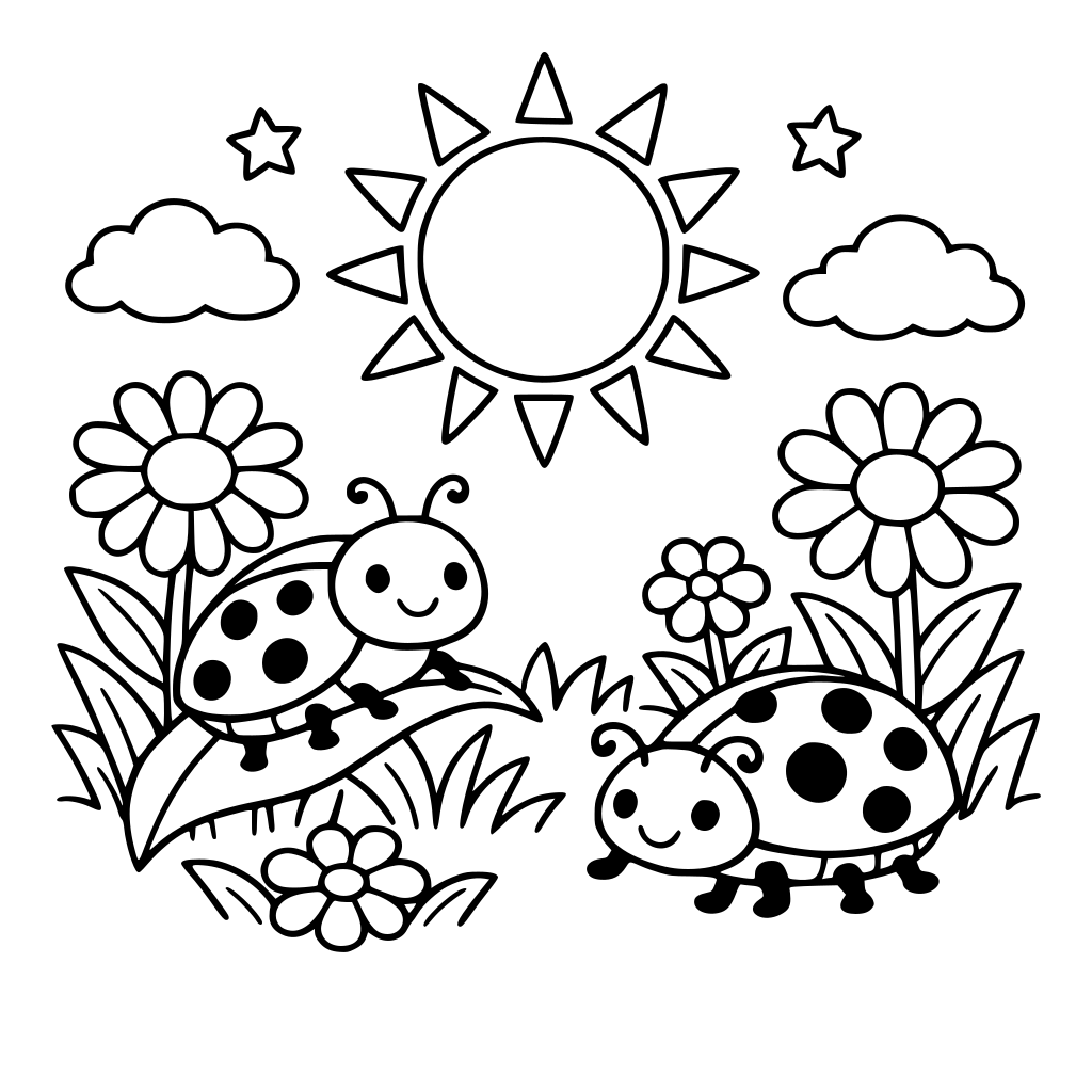 ladybirds with sun plants grass