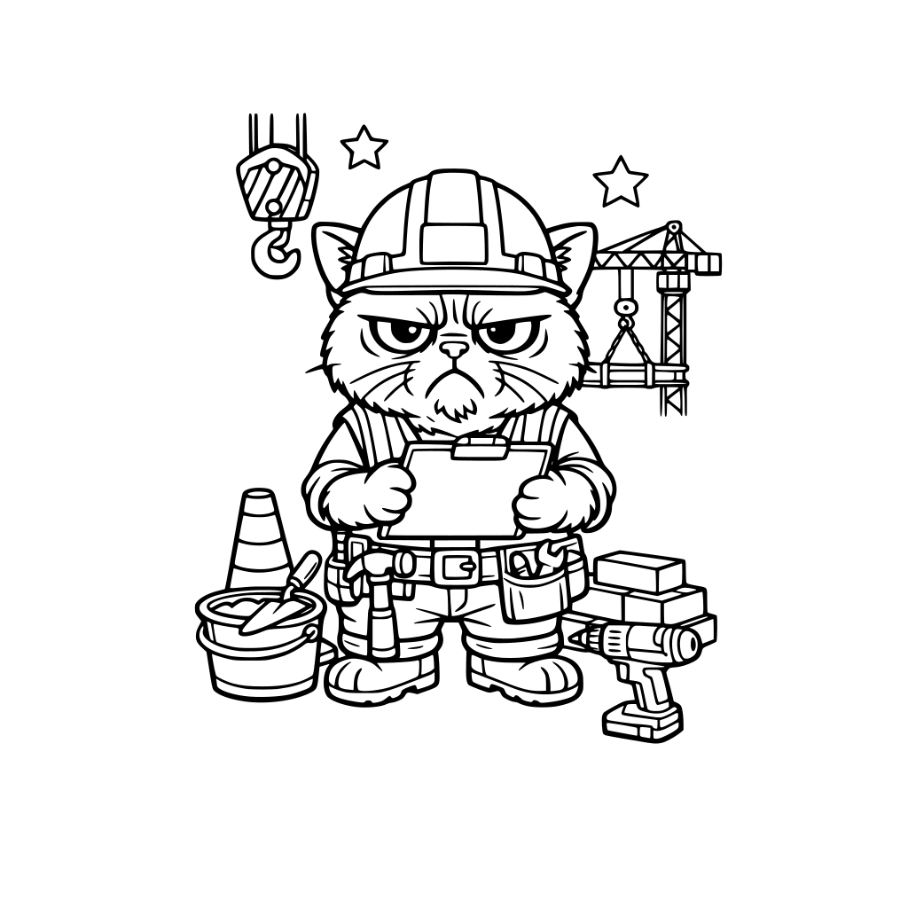 A grumpy cat working construction
