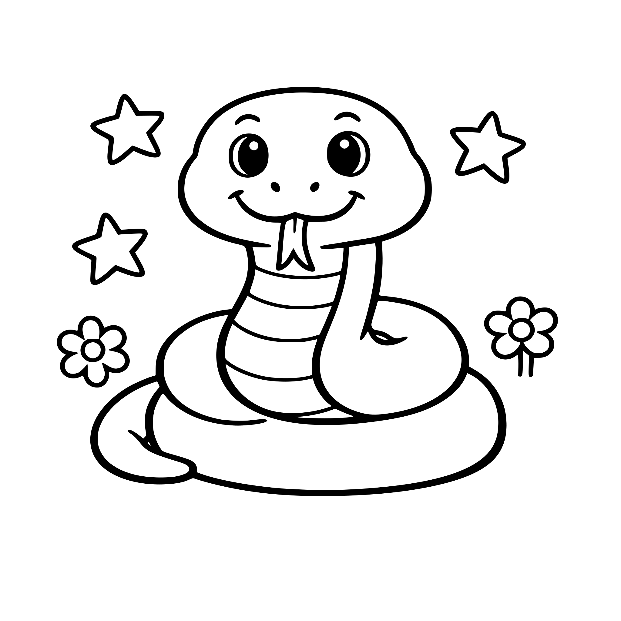 Simple snake, black and white line art, kids coloring book page, no shading, white background.