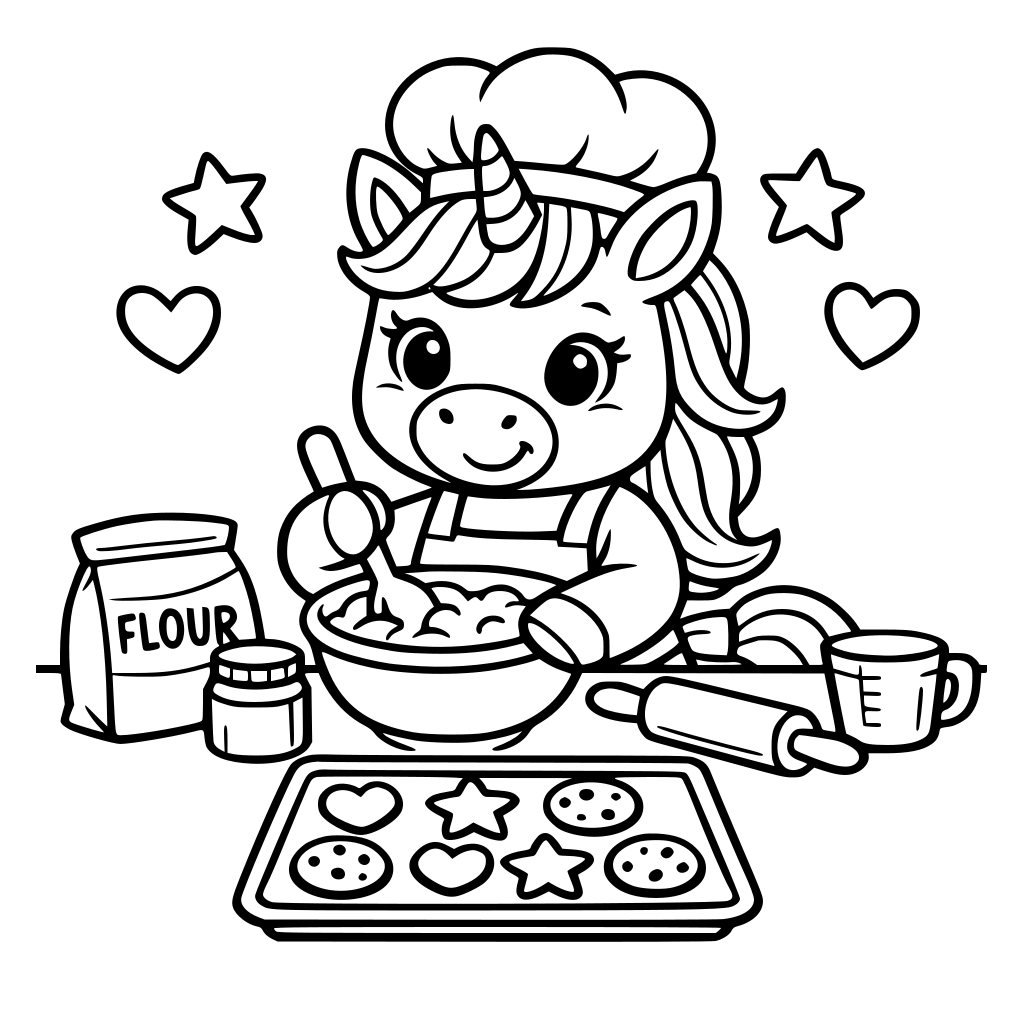 A black and white colouring pages bold and easy of a cute unicorn baking cookies in the kitchen