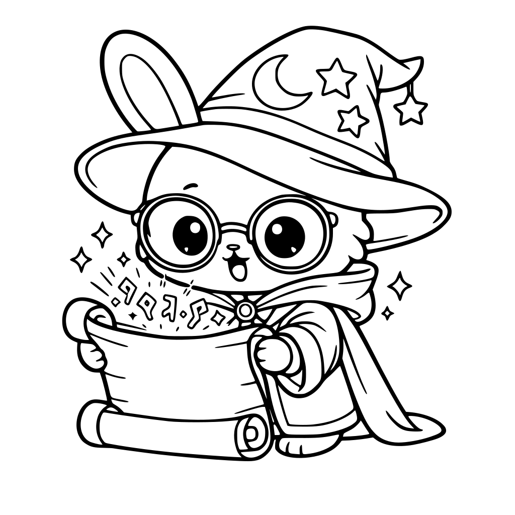 cartoon and kawaii style of bunny in magician robe and hat oversized glasses reading a glowing scroll — scroll unfurled, glowing letters.