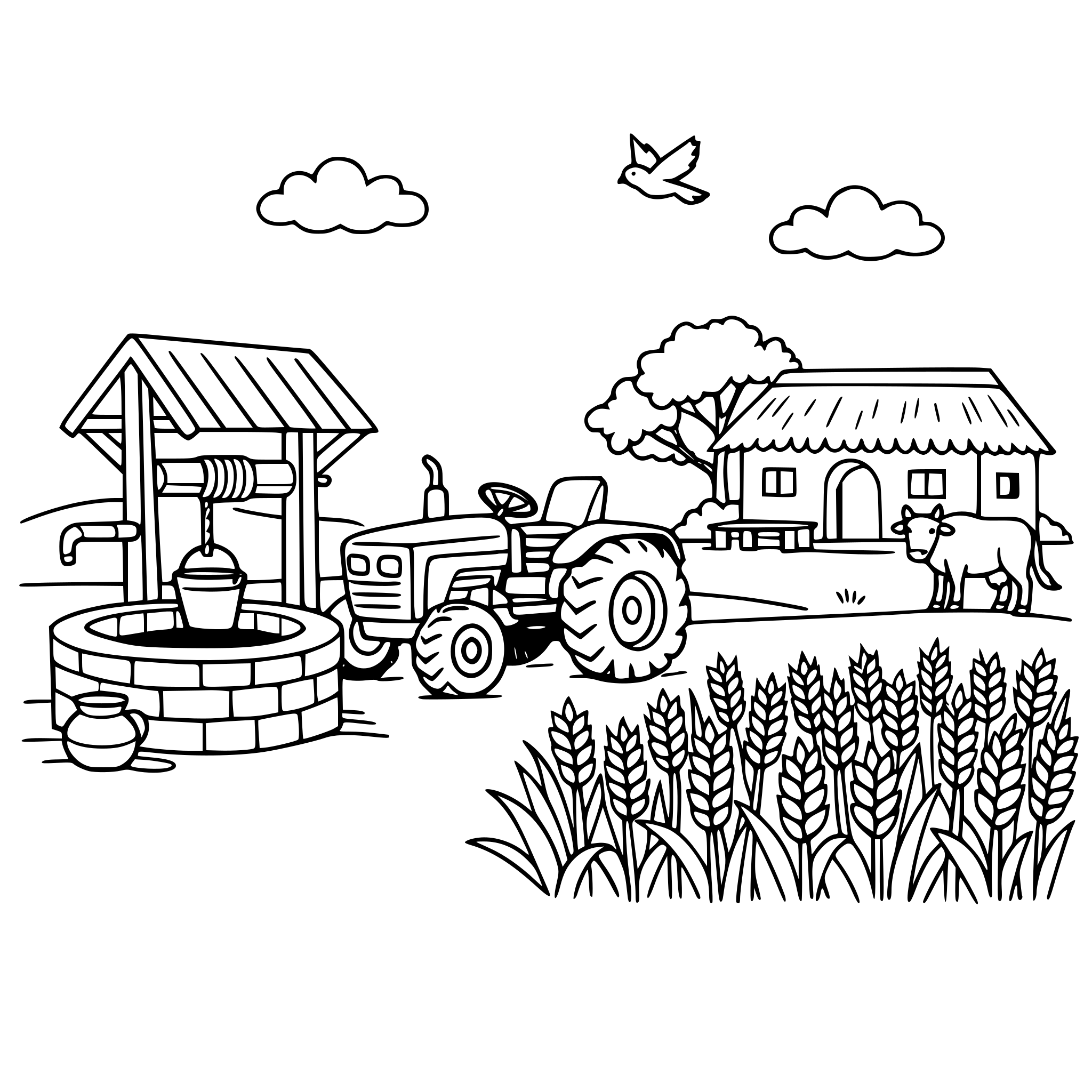 cute cozy simple Haryana Village farm scene with tractor, wheat field, water well, and farmhouse.