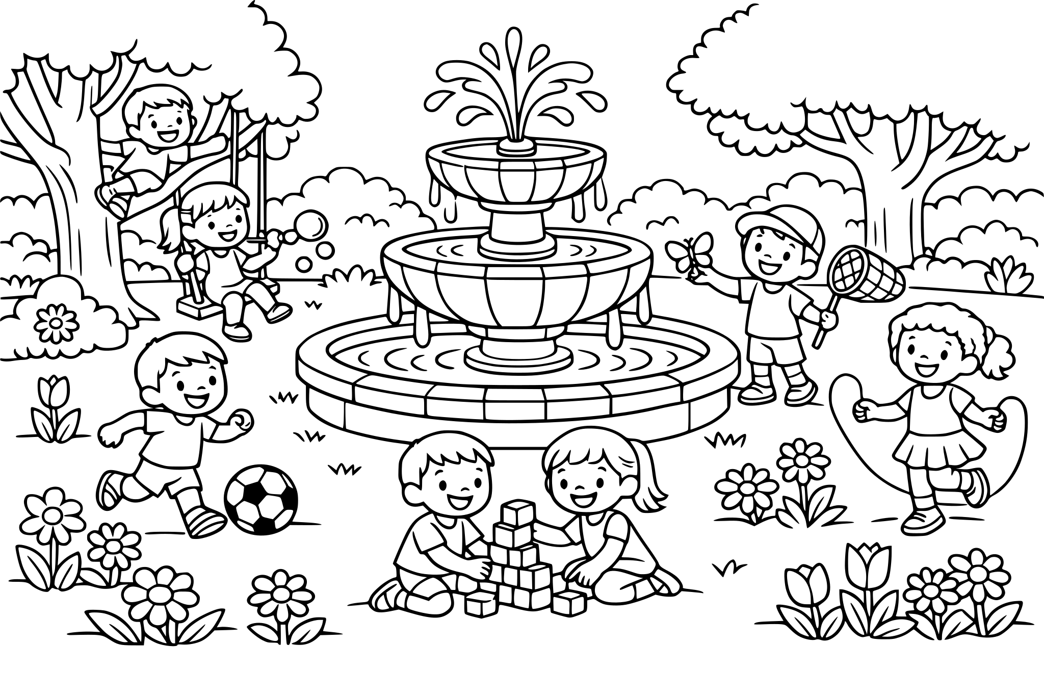 muitas crianças felizes a brincar num jardim grande com uma fonte de água e com arvores e flores