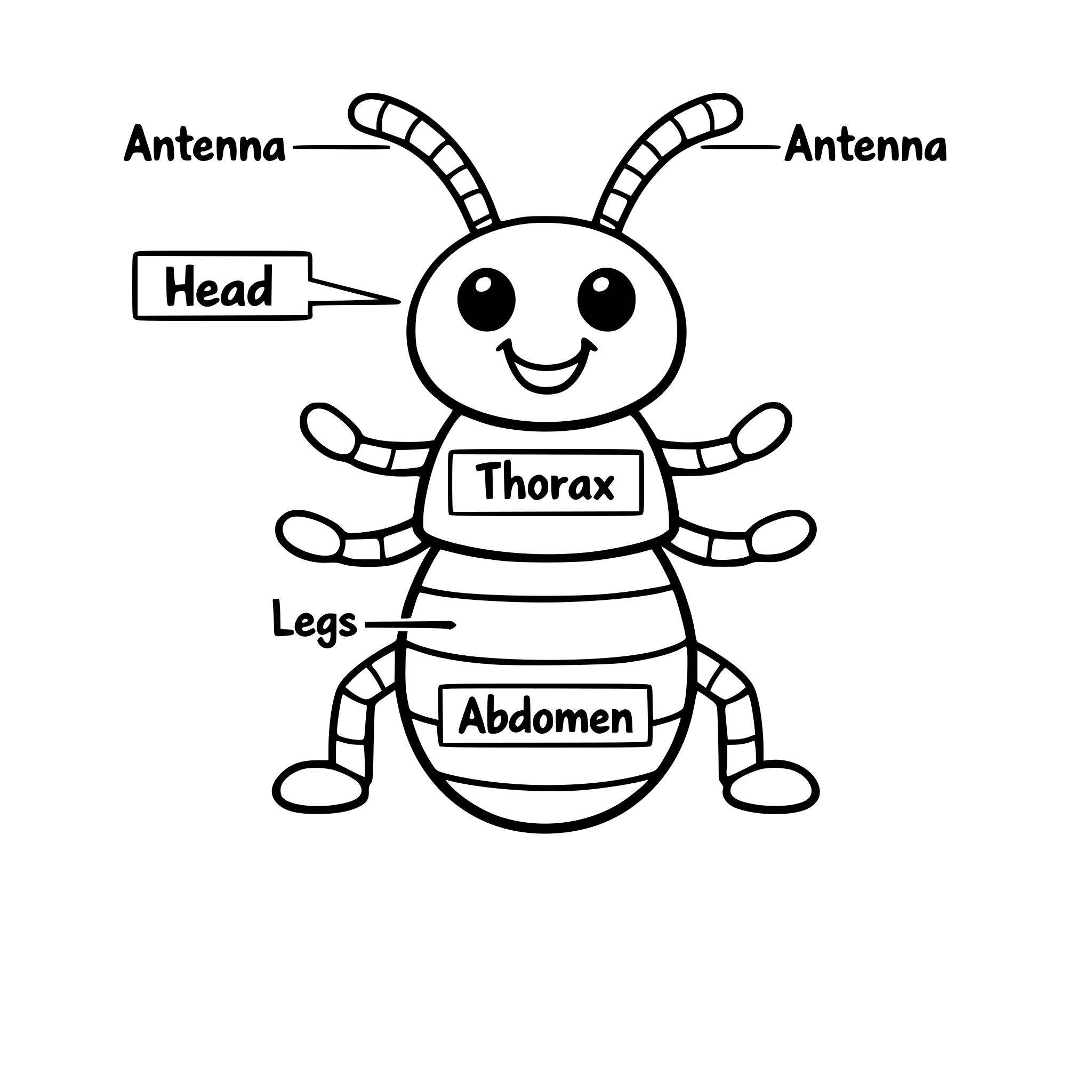 simple educational coloring page showing a friendly insect diagram with labeled head, thorax, abdomen, six legs, and two antennae, black and white coloring book page, clean bold outlines, white background, kid-friendly