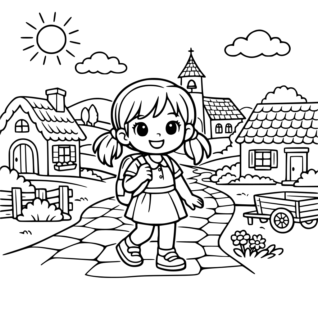 imagen para colorear de una niña en un pueblo con casas bajas y nada de tráfico