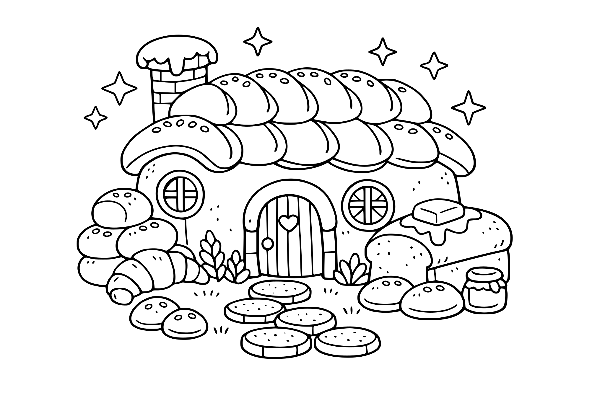 A cozy cottage made entirely of bread. Keep rounded shapes + minimal line weight variation.