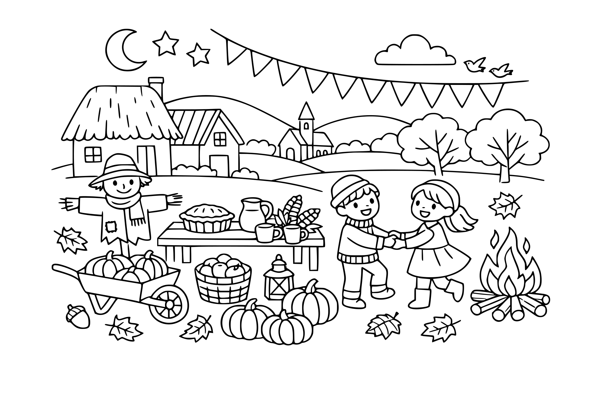 Autumn village celebration, minimalistic line.