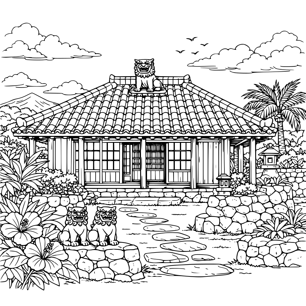 沖縄の赤瓦の家を白黒の細密線画で。大人向けの複雑なぬり絵。細い線で背景も描き込む。