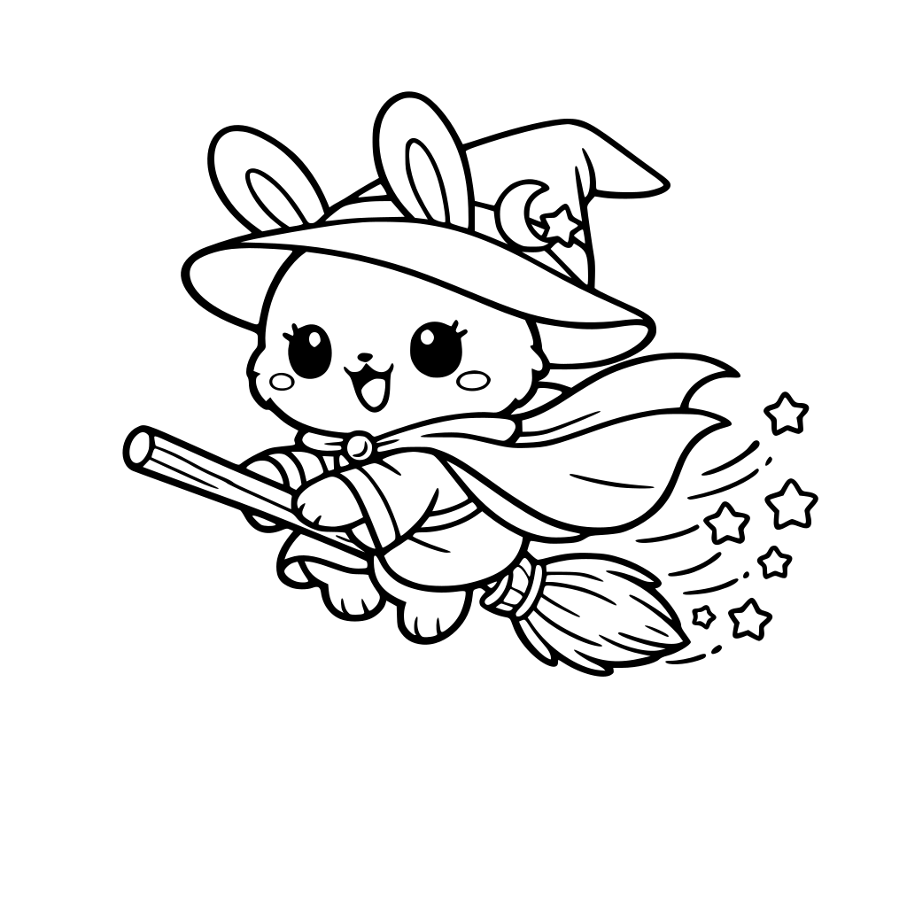 cartoon and kawaii style of bunny in magic robe and hat bloom flying — cape flowing, stars trailing.
