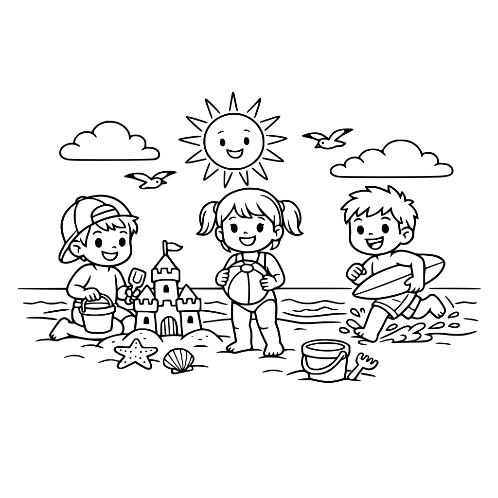 coloring page for small child of kids playing on beach