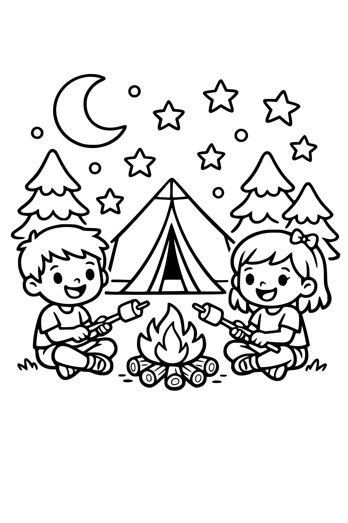 cute kids coloring page, happy boy and girl camping in the forest, small tent under a starry sky and moon, campfire with marshmallows on sticks, trees and stars around, simple shapes, thick outlines, kids coloring book illustration