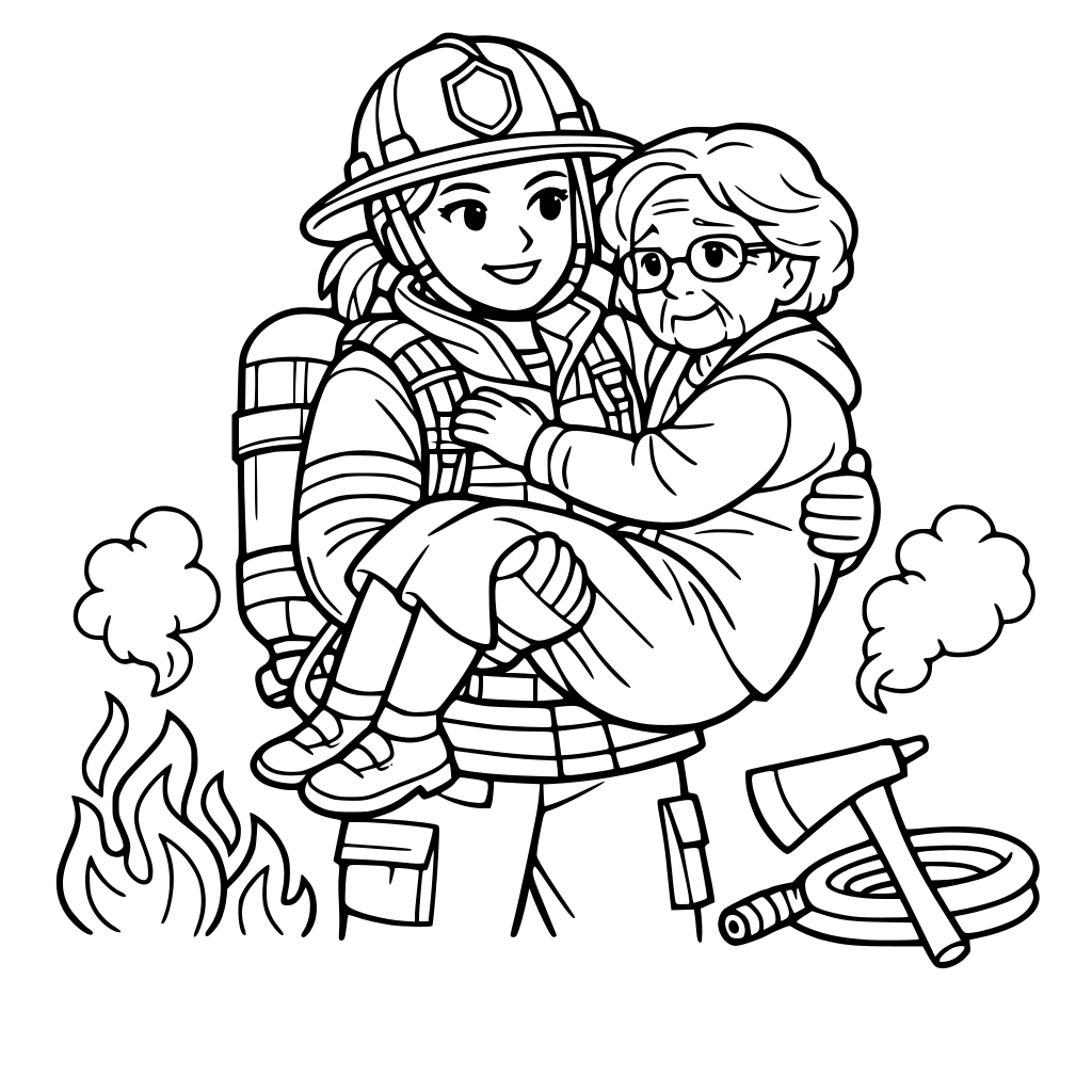 crea una imagen de una mujer bombero salvando a una anciana