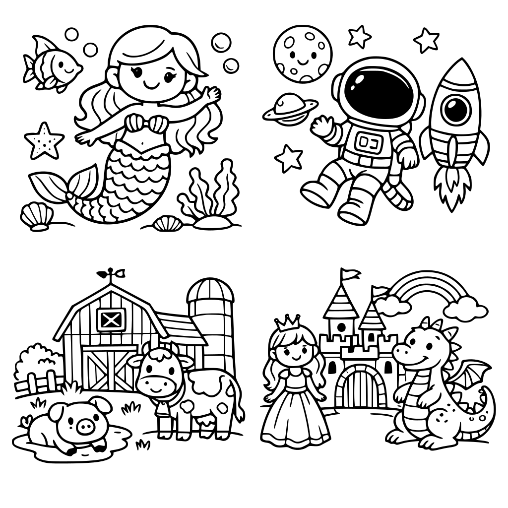 create mix coloring book for children for fun different scene