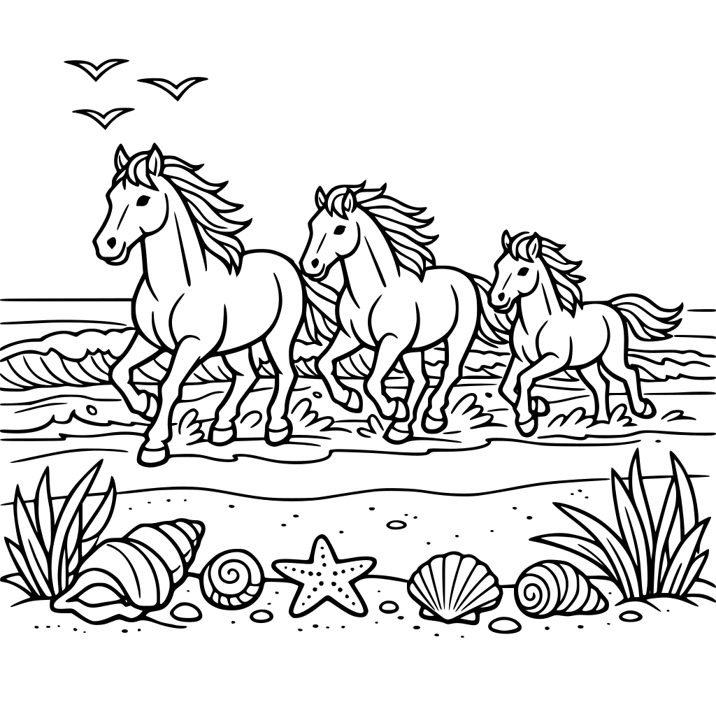 horses running on the seashore. Seashells on the sand, along with the seagrass