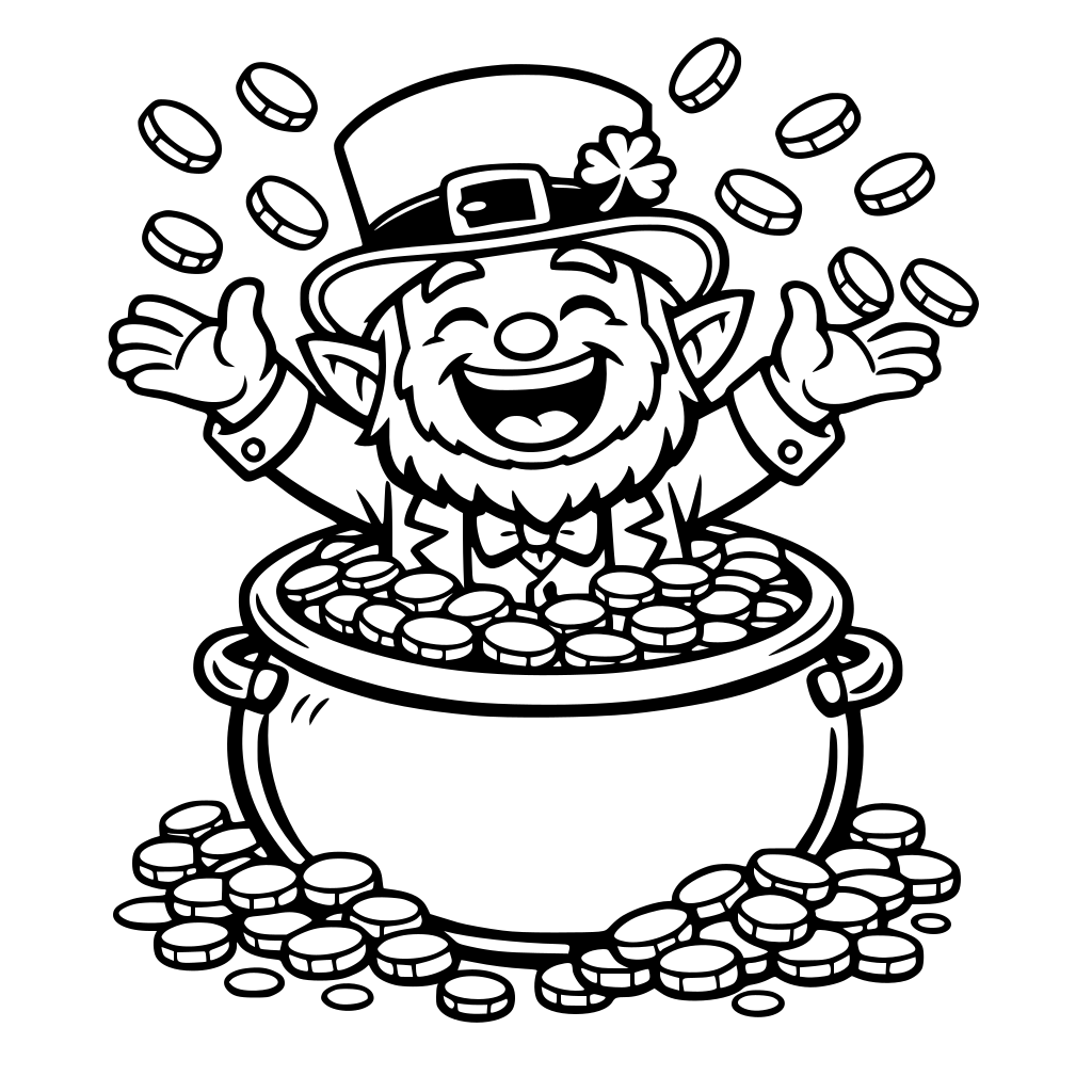 Portrait oriented coloring book page that is black and white with a cute friendly leprechaun. He is waist deep in a pot of gold coins laughing and throwing coins in the air. Fill the whole page with great detail. Simple art bold and easy cartoon style.
