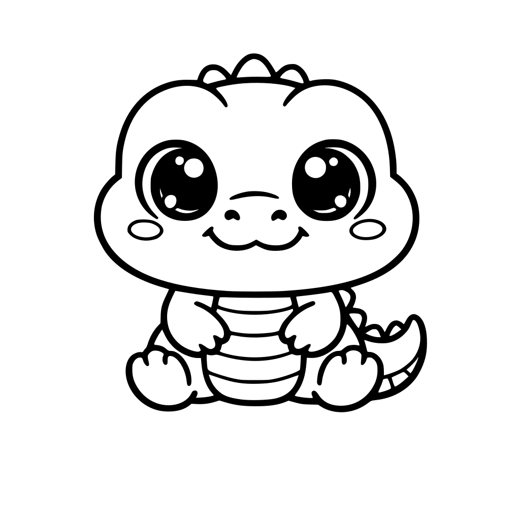 Cute kawaii alligator, chibi proportions, big glossy eyes with highlights, small smiling face, thick clean black outlines, simple rounded shapes, minimal details, black and white coloring book style, no shading, white background, vector line art