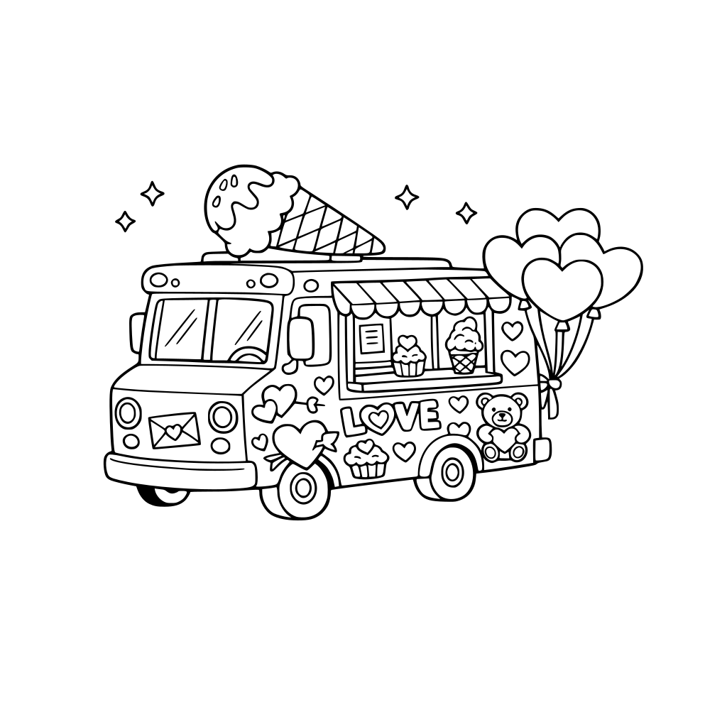 “Colorful ice cream truck covered in Valentine stickers and heart balloons, sunny street scene, soft rounded shapes, kid-friendly illustration.”