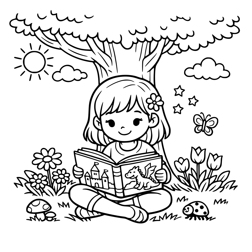 A girl sitting under a green in a garden reading a story book on a sunny day