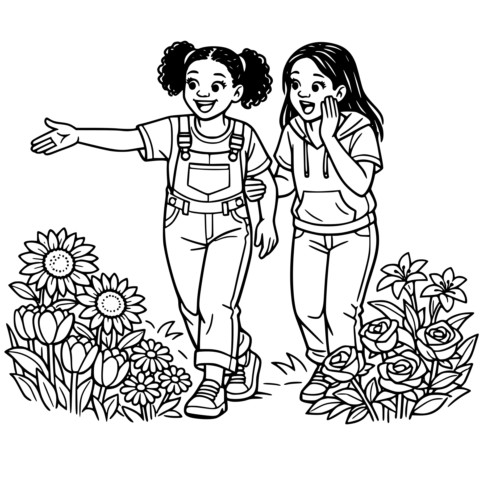 Create an image of a real features teenage african american girl showing her female friend with wonderment expression walking in the garden as the girl shows her all of the flowers she has grown. White background, isolated.