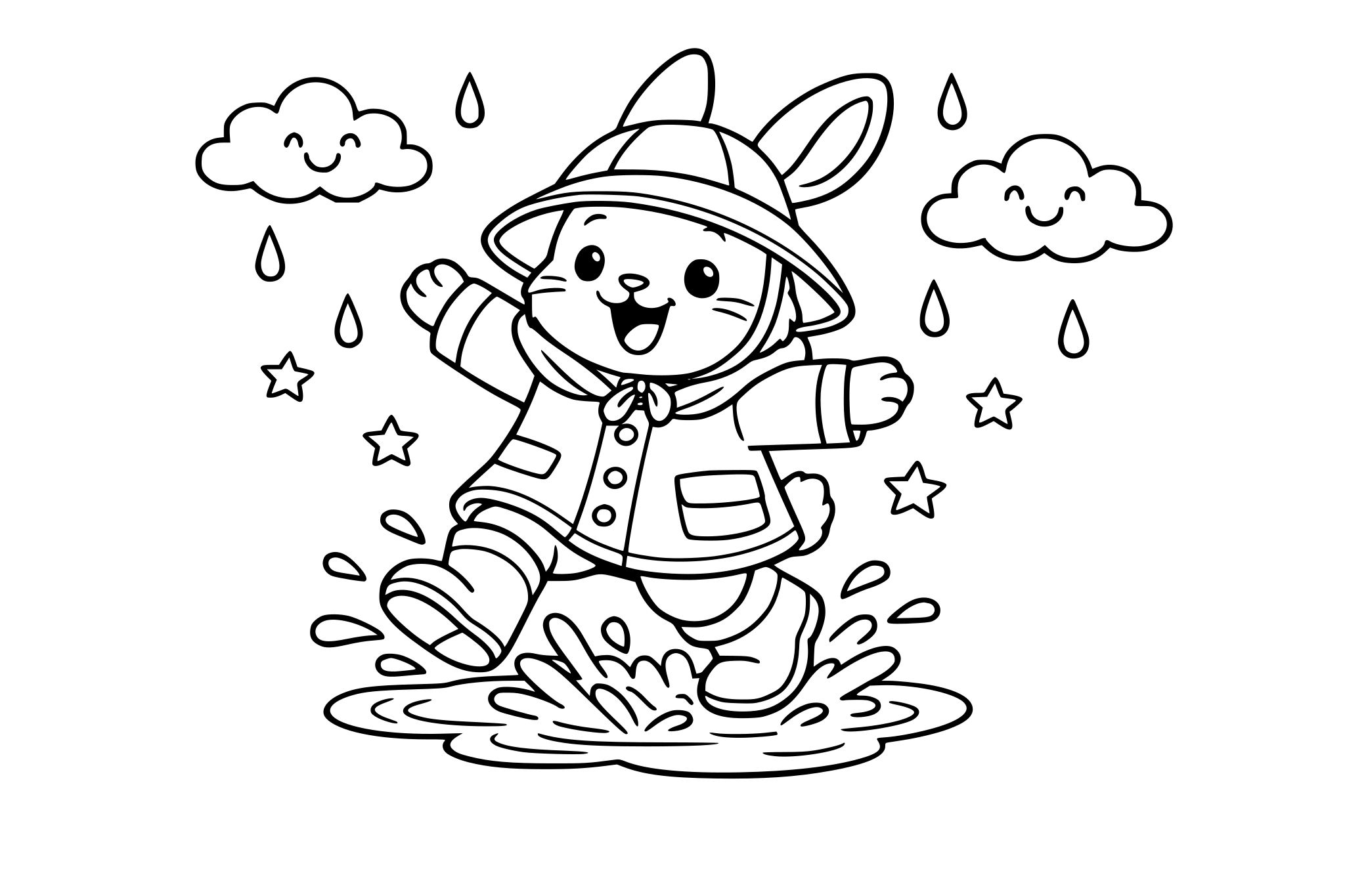 a bunny with rainboots and a raincoat and rain hat playing in the rain puddles.