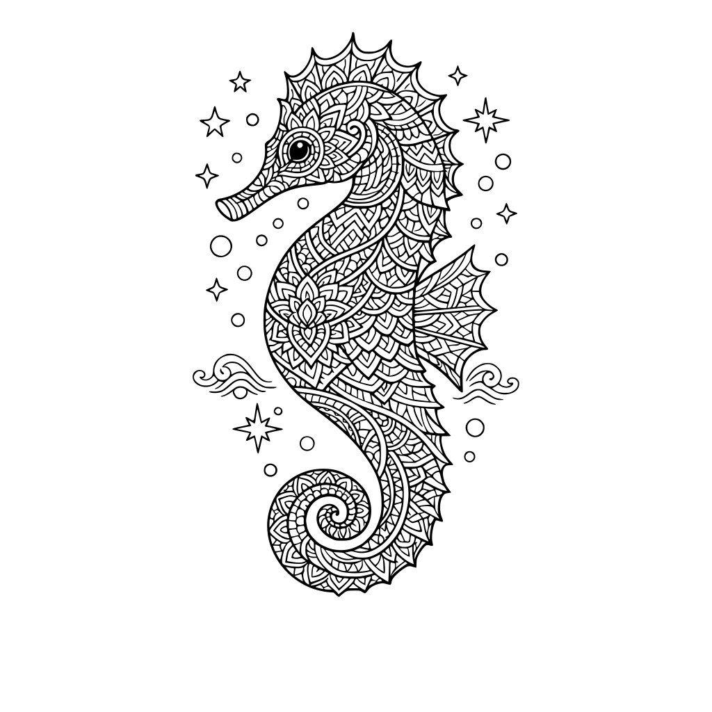 mandala seahorse, elegant and intricate geometric and wavy patterns