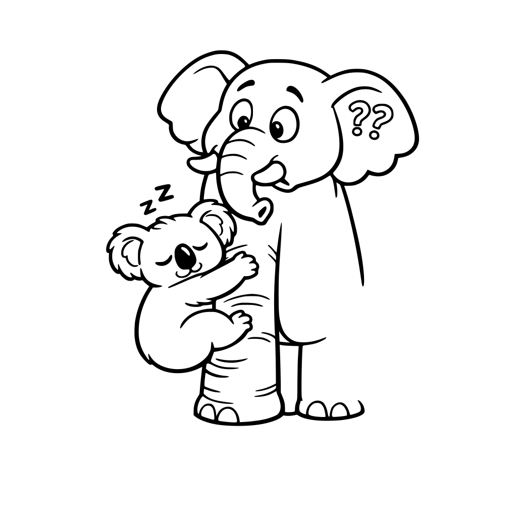 A sleepy Koala hanging on an elephant leg thinking its a tree. Confused elephant. Big shapes easy to draw.