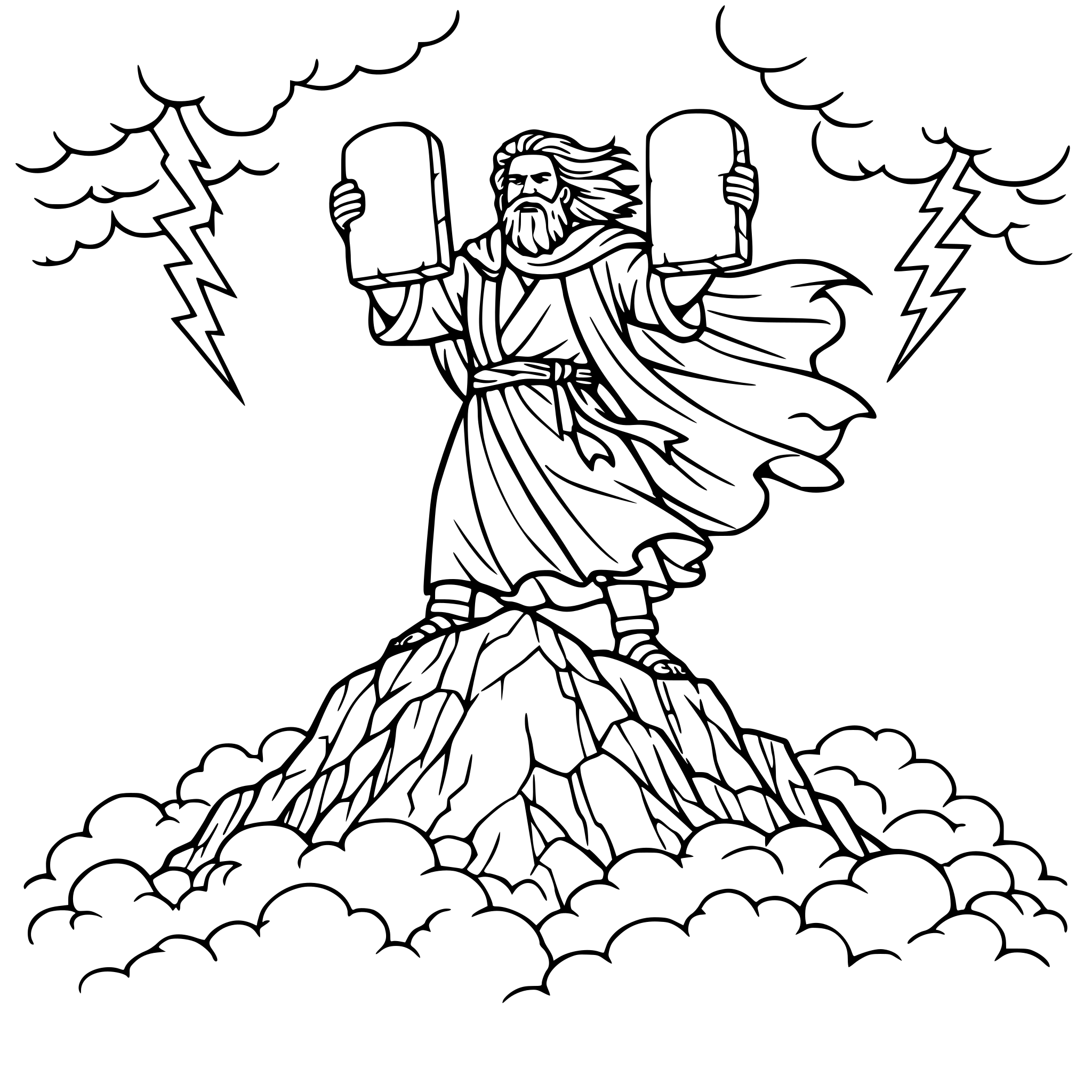 create an image with young adult bible moses on top of a mountain holding two stone tablets make the mountain big and have the base of the mountain surrounded in smoke in the sky make lightning and clouds, have moses' hair blowing in the wind