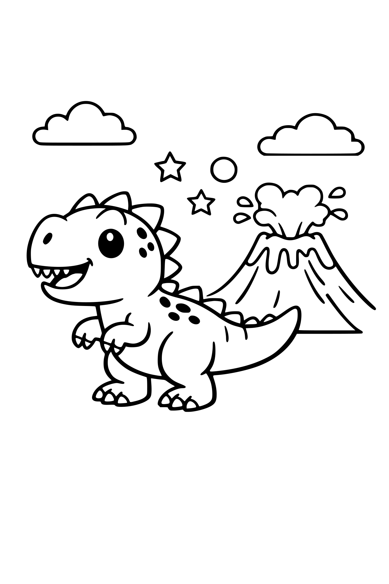 mały słodki, allozaur, z tyłu wulkan, obrazek dla małych dzieci, bez szczegółów, bez tła