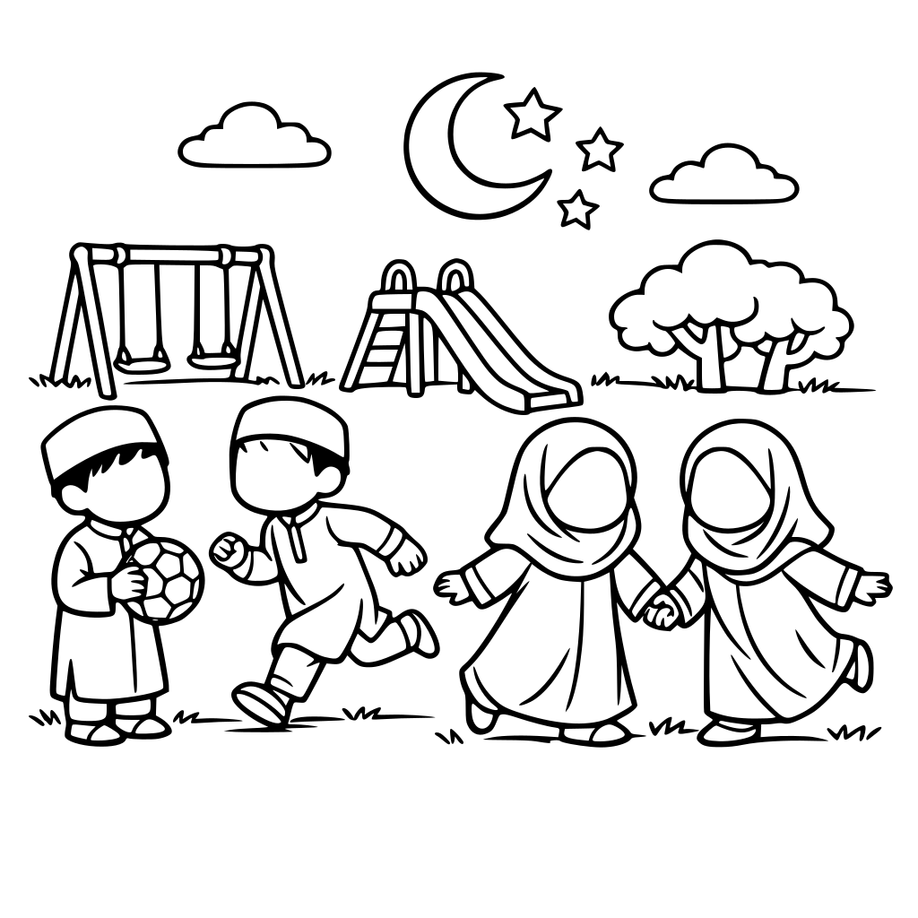 Islamic Ramadan and Eid with children without eyes playing together the boys should wear topi and jubbah and the girls should wear scarf and abaya and the children should be in a park and the weather should be sunny