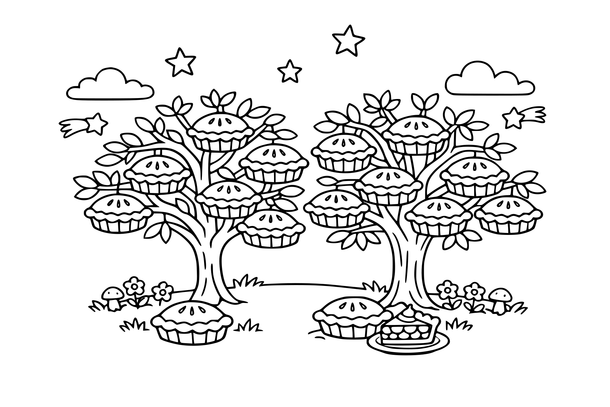 Trees growing pies instead of fruit. Keep rounded shapes + minimal line weight variation.