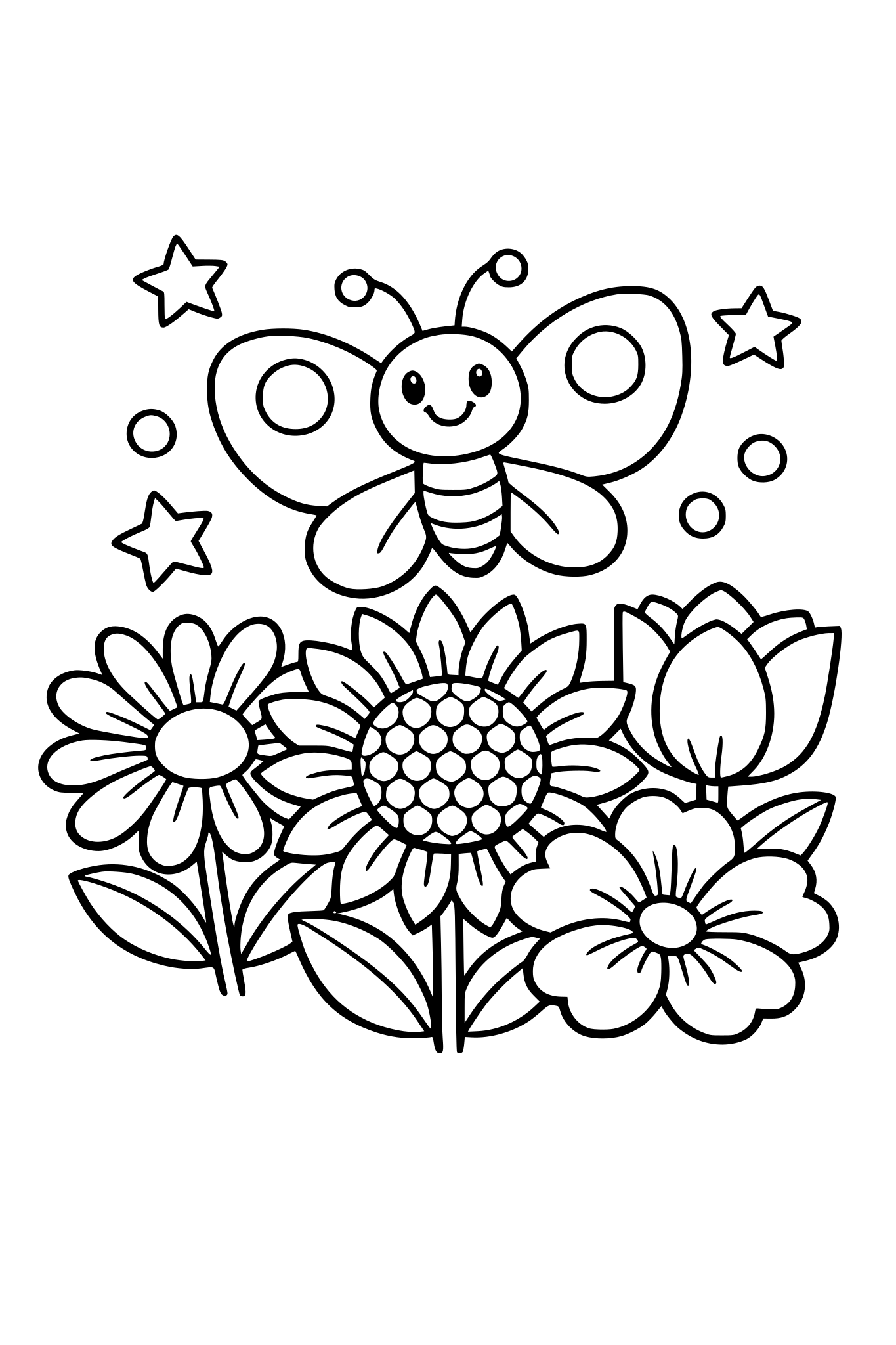 big flowers with a smiling butterfly