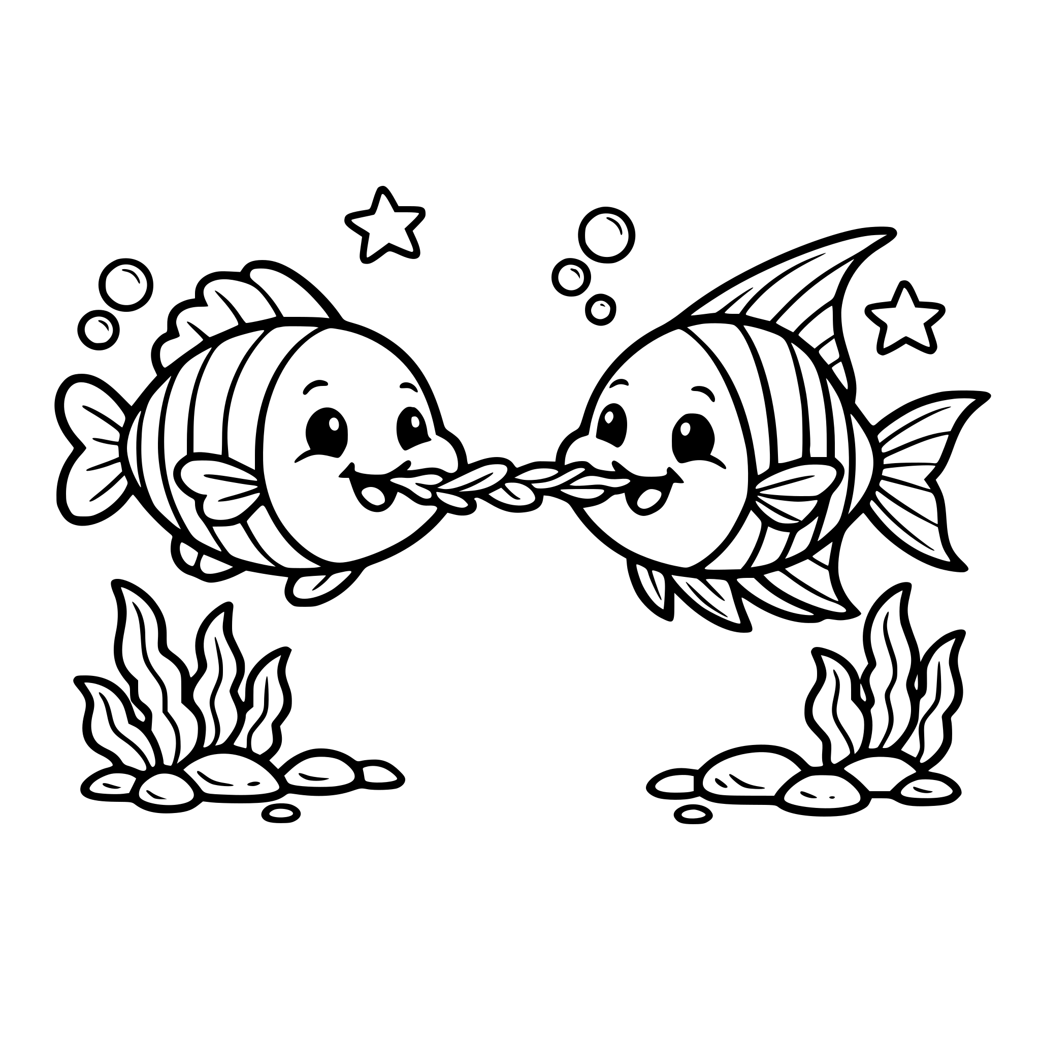 Two cute fish sharing seaweed like a snack, smiling