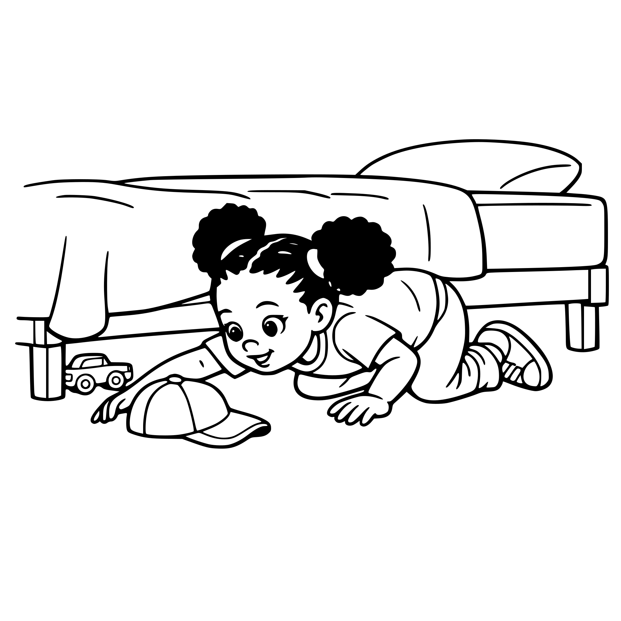 Create an image of a young african american girl looking under her bed for her hat. White background, isolated.