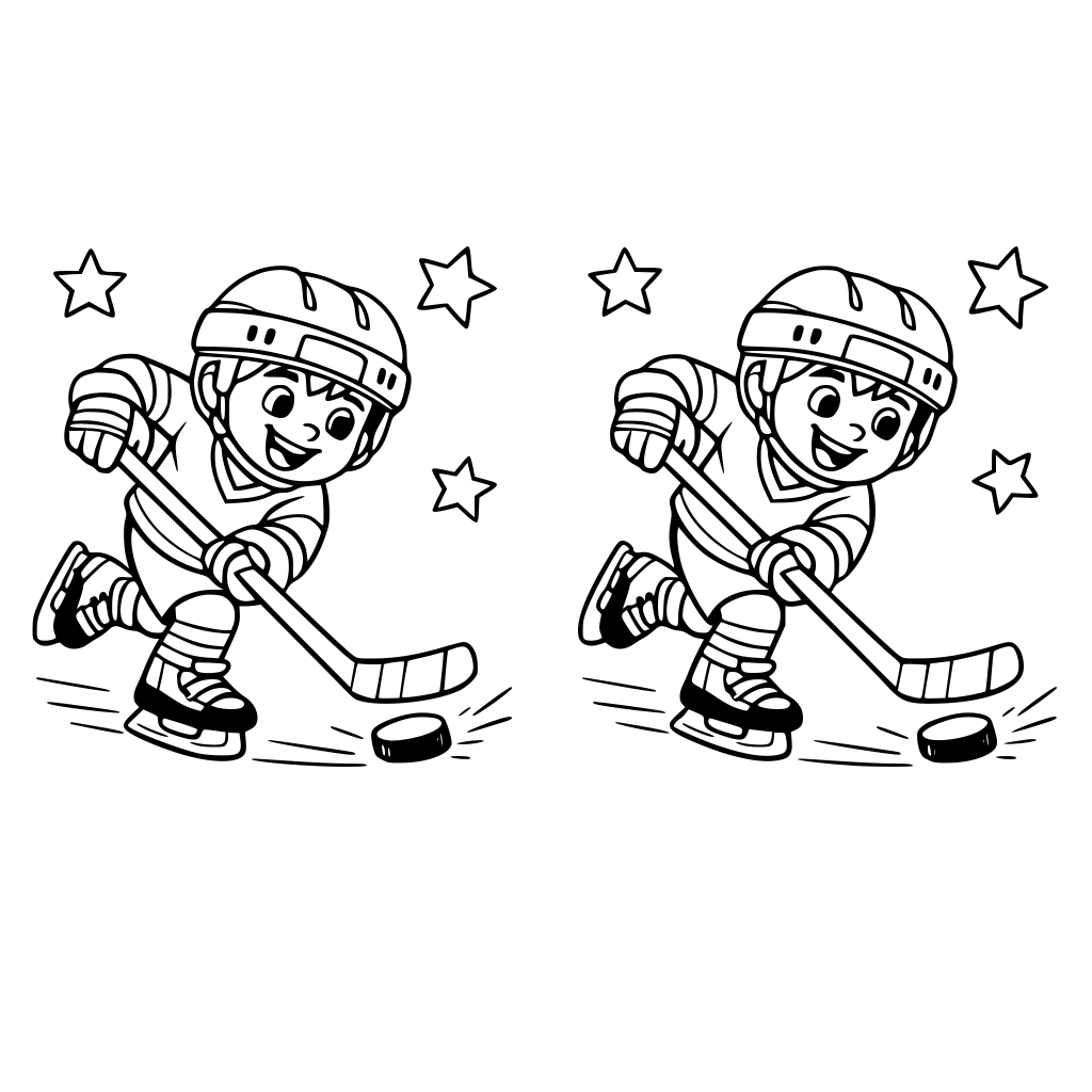 spot the difference cartoon boy shooting a hockey puck on ice in arena
