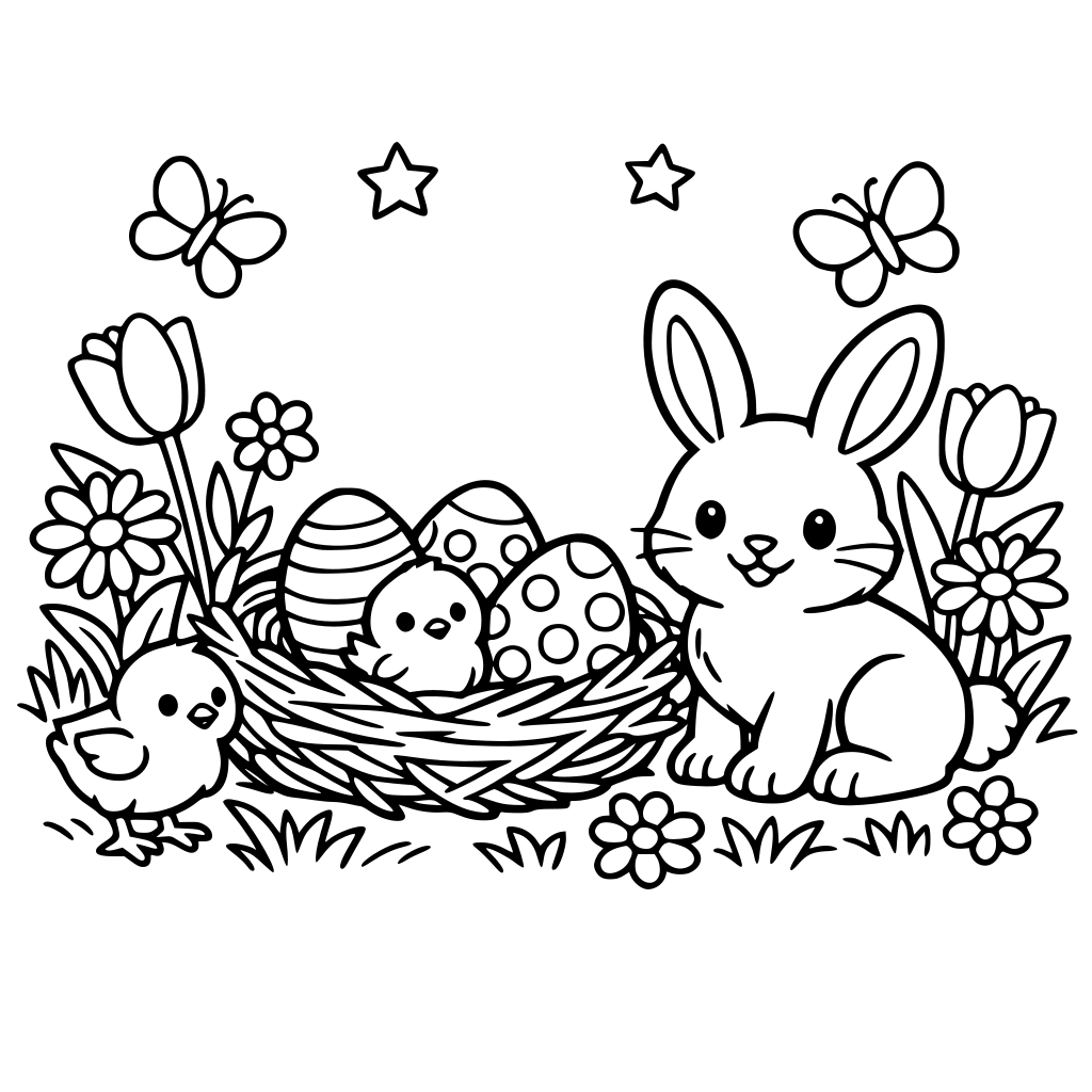 frühlingswiese mit osterhase, nest, eier und kücken