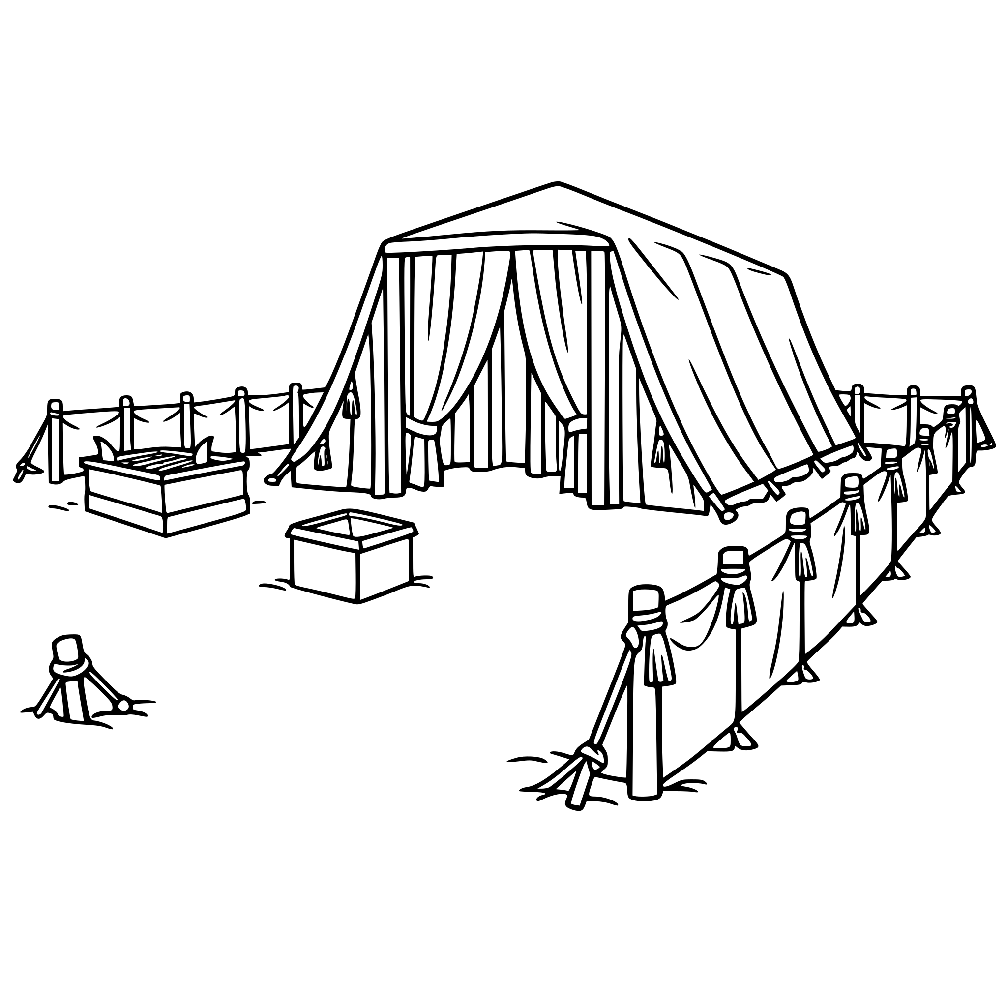make a picture of the outside of the tent tabernacle include the corners being pegged down, the tassles on the edges and the tall tent