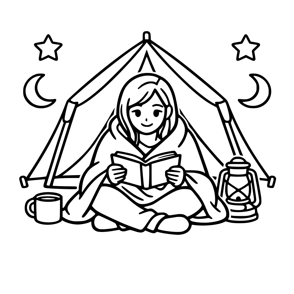 a woman sitting in front of a tent wrapped in a blanket reading a book. Bold black and white outline, rounded edges
