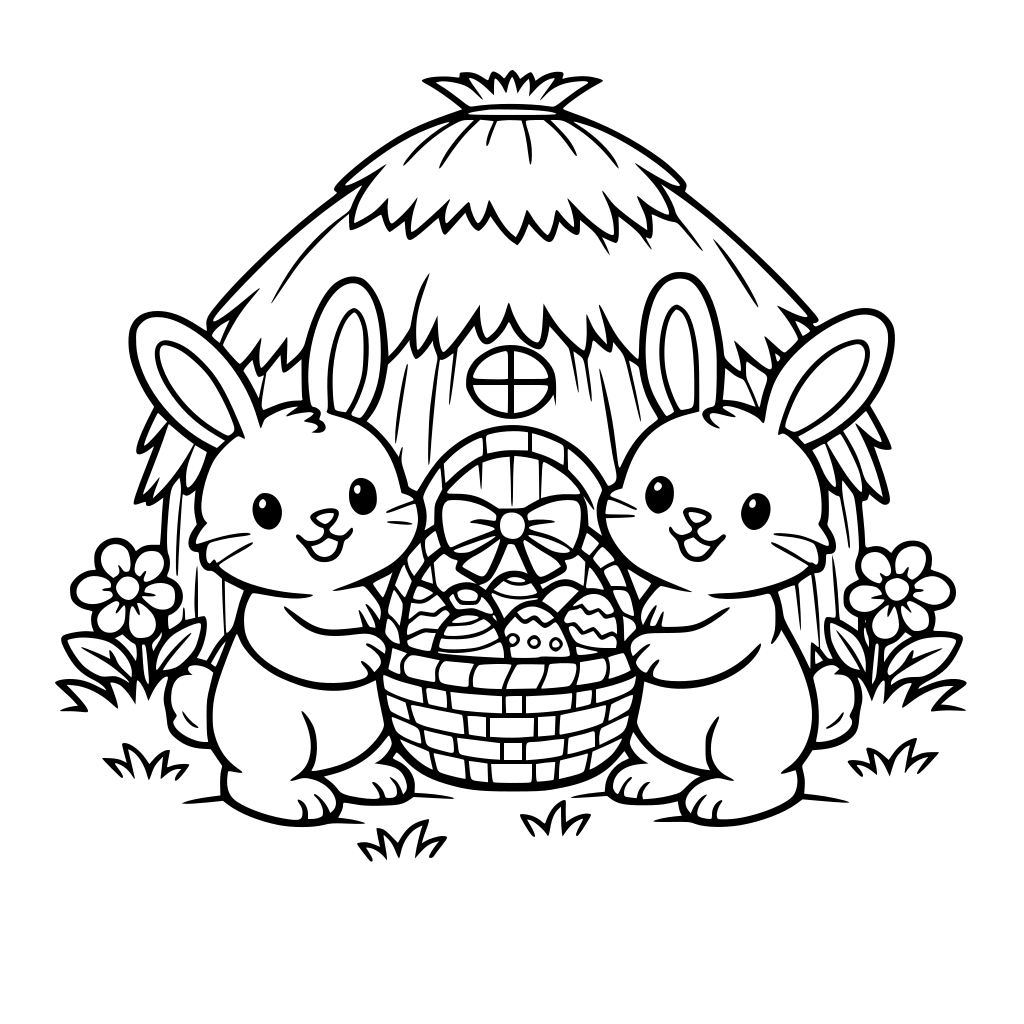 Draw a picture of two bunnies holding easter eggs basket in front of the grass hut