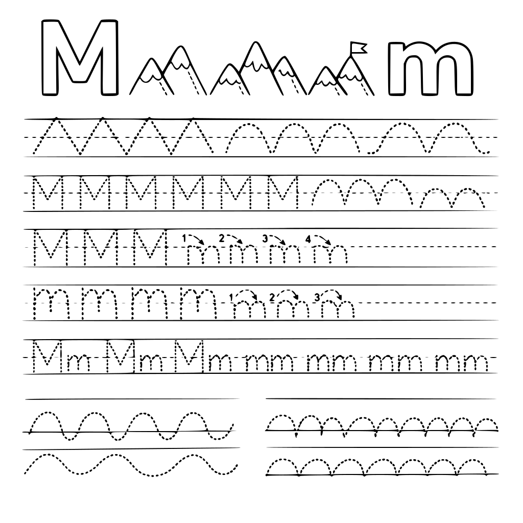 zrób całą listę ćwiczeń do litery M duże i m małe różne ślaczki wykropkowane dzięki którym nauczymy pisać się literkę M i m
