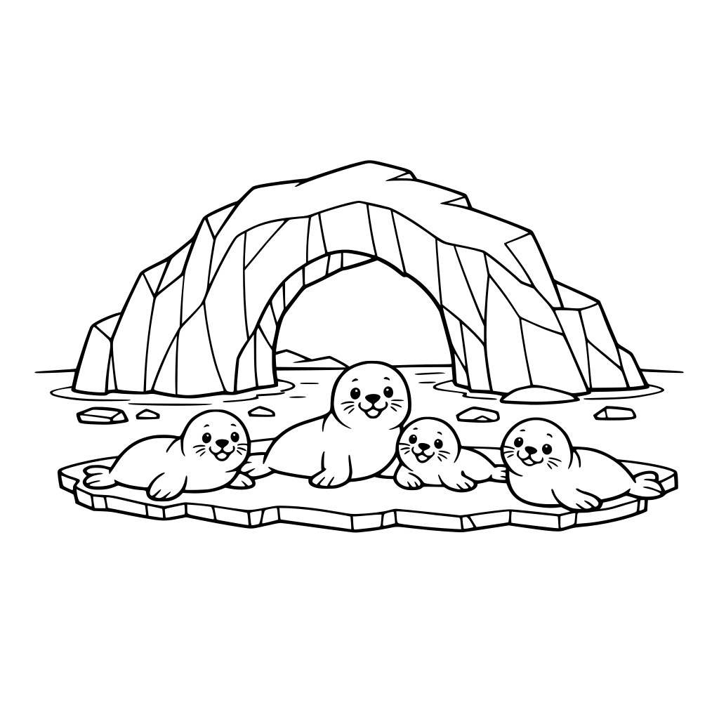 “Create a clean, black-and-white illustration for children. there is large arched iceberg rising from frozen water, with a small group of smiling seals resting on the ice nearby.